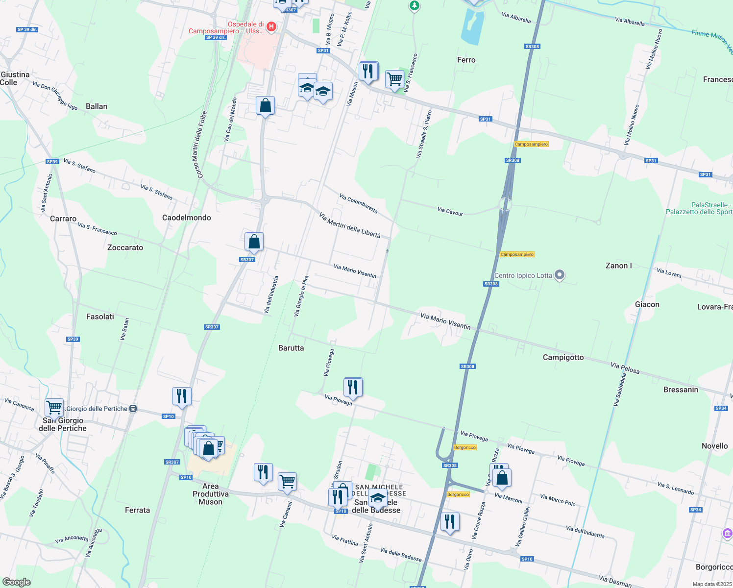 map of restaurants, bars, coffee shops, grocery stores, and more near Via Leonardo da Vinci in Padova
