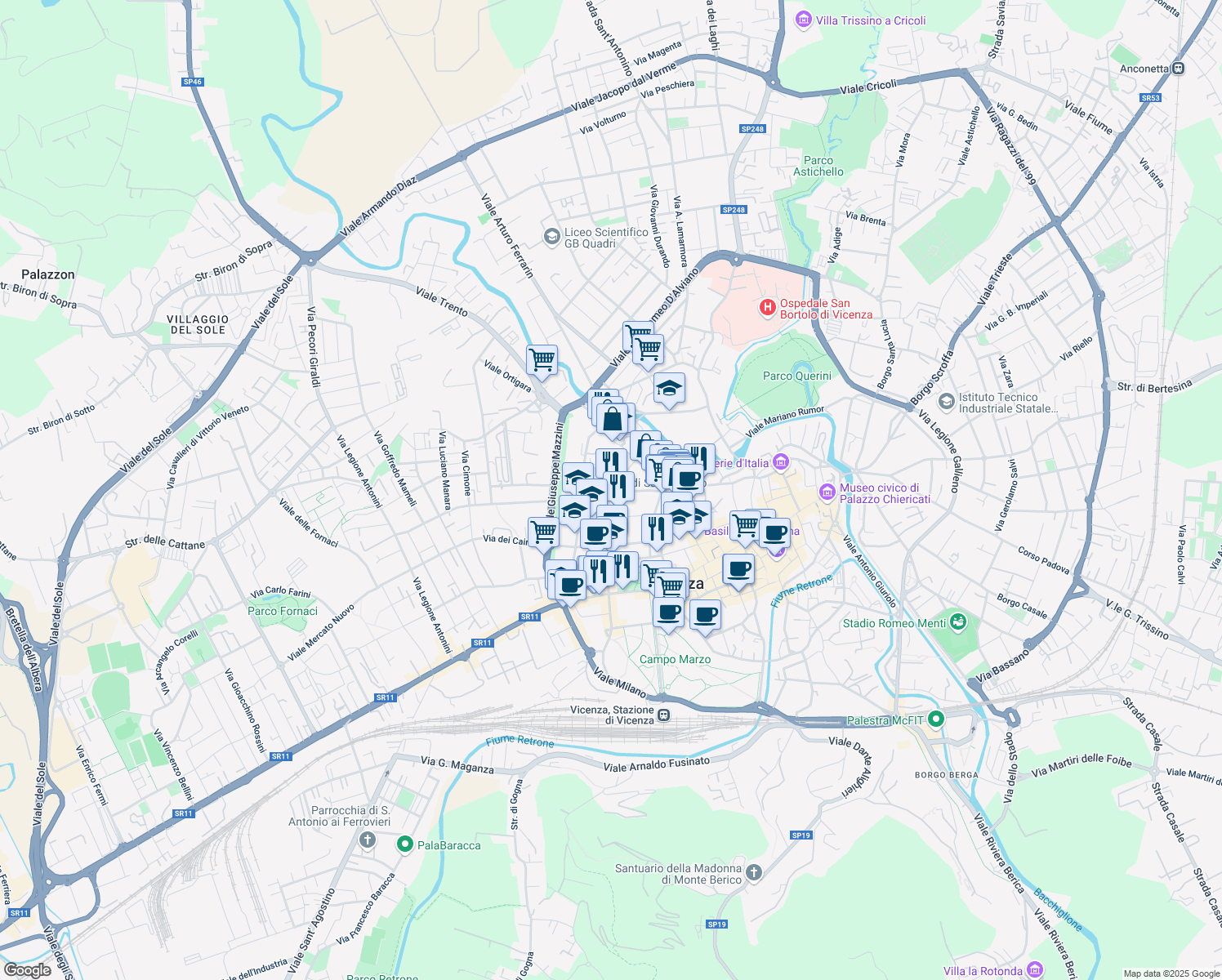 map of restaurants, bars, coffee shops, grocery stores, and more near 31 Contrà Sant'Ambrogio in Vicenza
