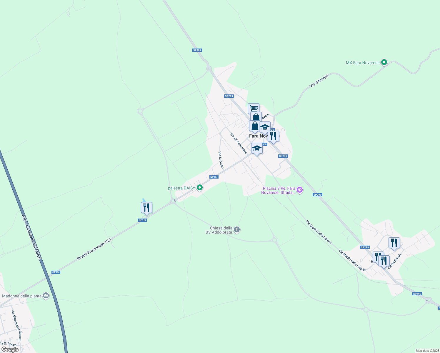 map of restaurants, bars, coffee shops, grocery stores, and more near 33 Via Roma in Novara
