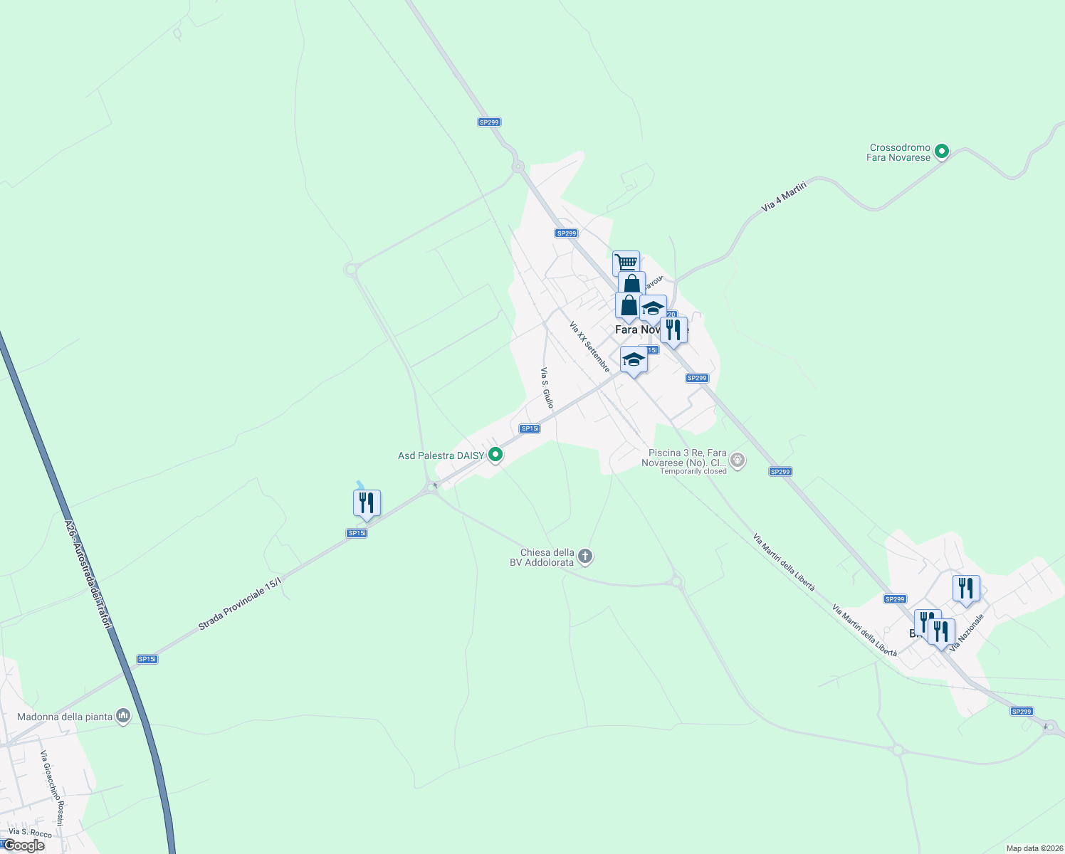 map of restaurants, bars, coffee shops, grocery stores, and more near 33 Via Roma in Novara