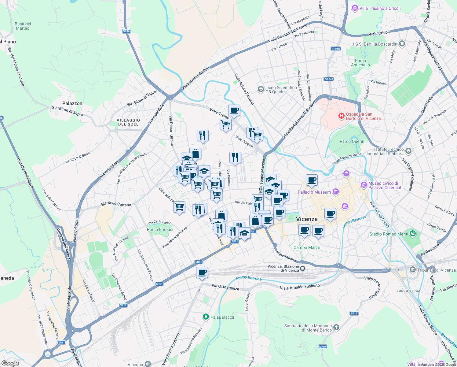 map of restaurants, bars, coffee shops, grocery stores, and more near 34 Via Battaglione Framarin in Vicenza