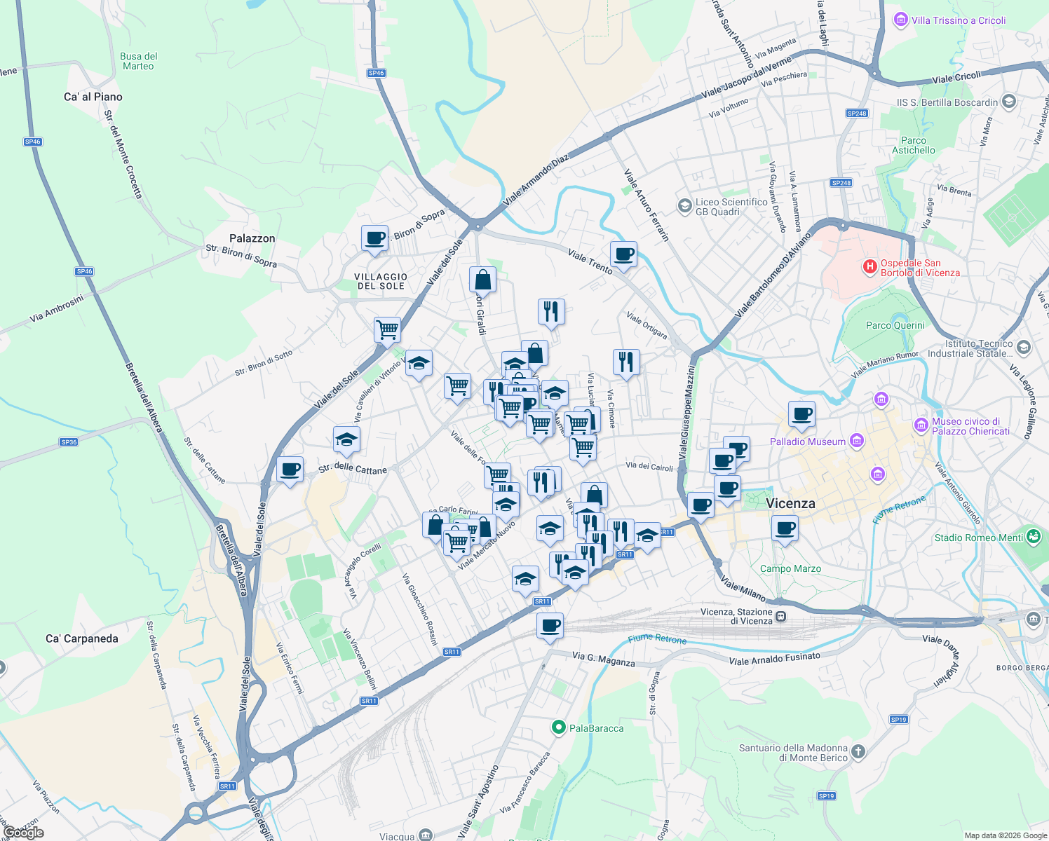 map of restaurants, bars, coffee shops, grocery stores, and more near 179 Via Legione Antonini in Vicenza