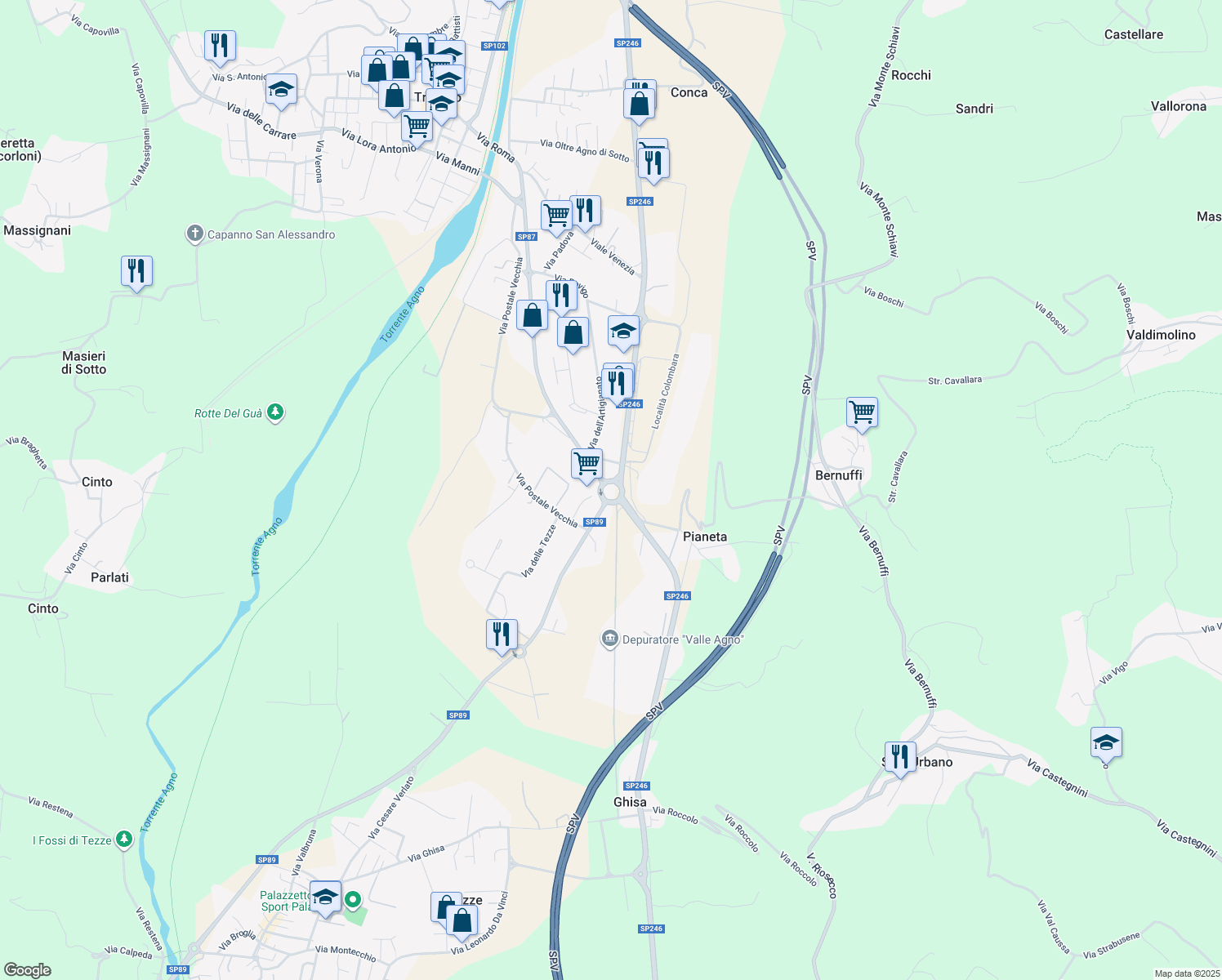 map of restaurants, bars, coffee shops, grocery stores, and more near 12 Via del Commercio in Trissino
