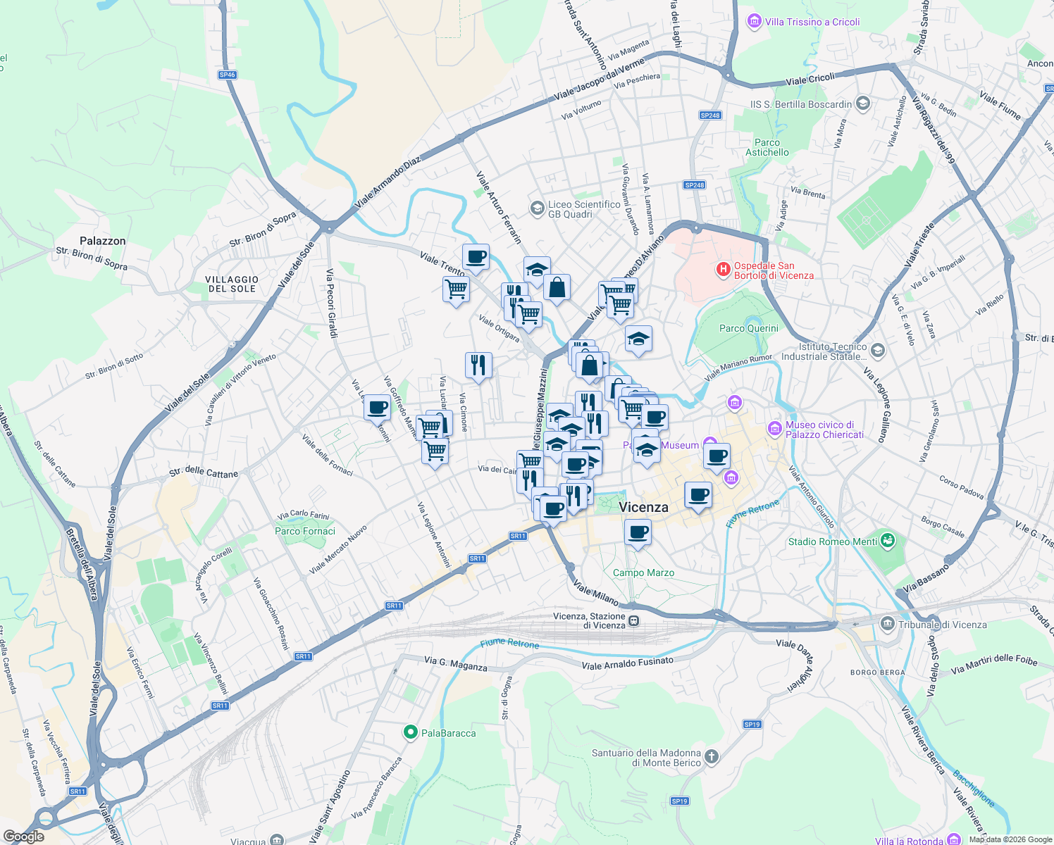 map of restaurants, bars, coffee shops, grocery stores, and more near 227 Viale Giuseppe Mazzini in Vicenza