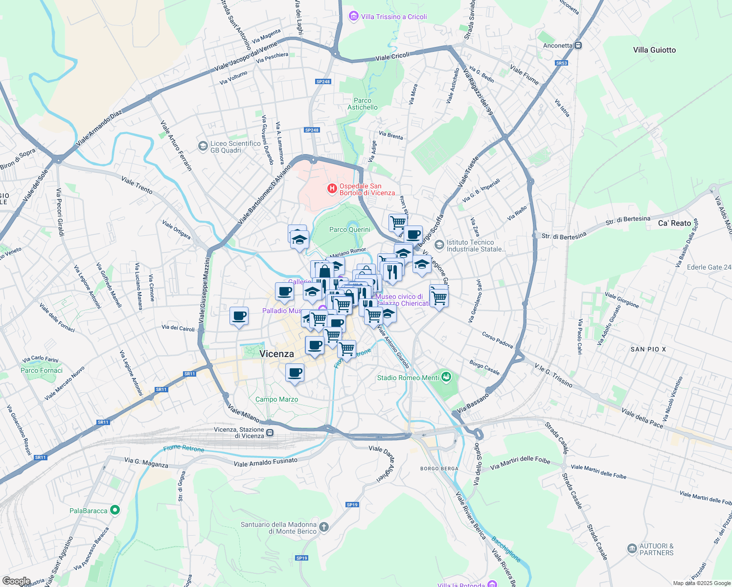 map of restaurants, bars, coffee shops, grocery stores, and more near 12 Contrà delle Canove in Vicenza