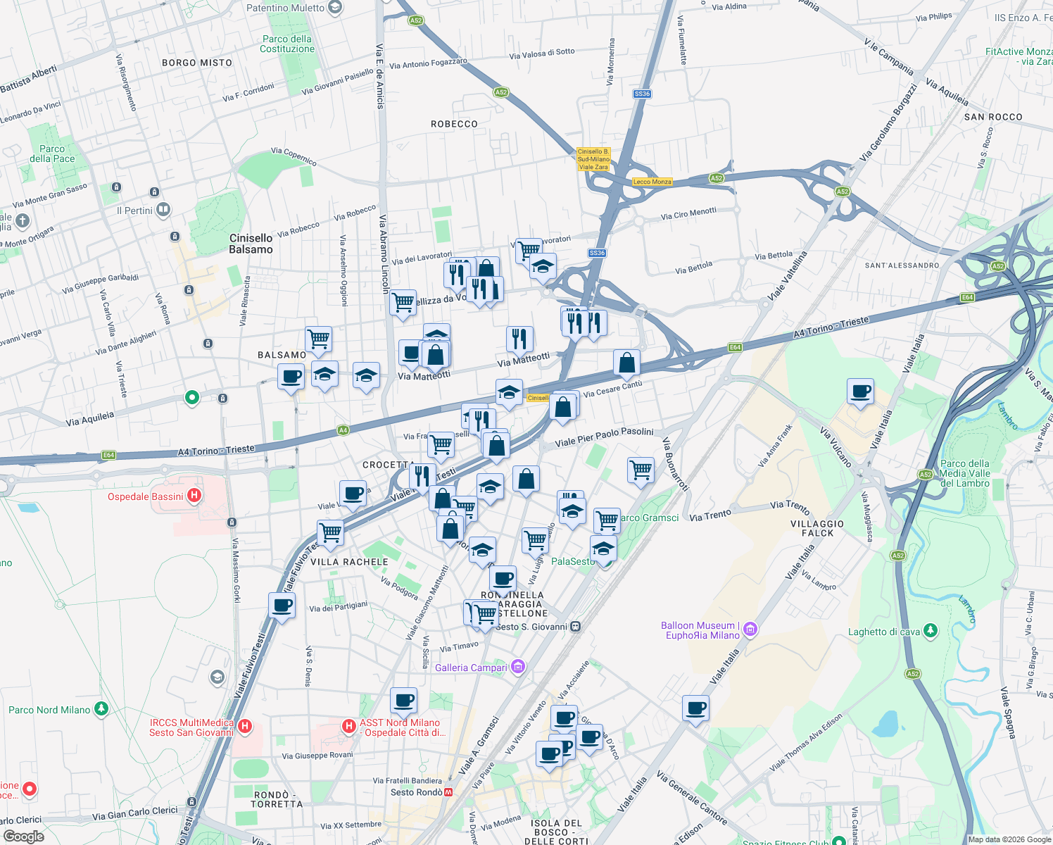 map of restaurants, bars, coffee shops, grocery stores, and more near 20 Viale Friuli in Cinisello Balsamo