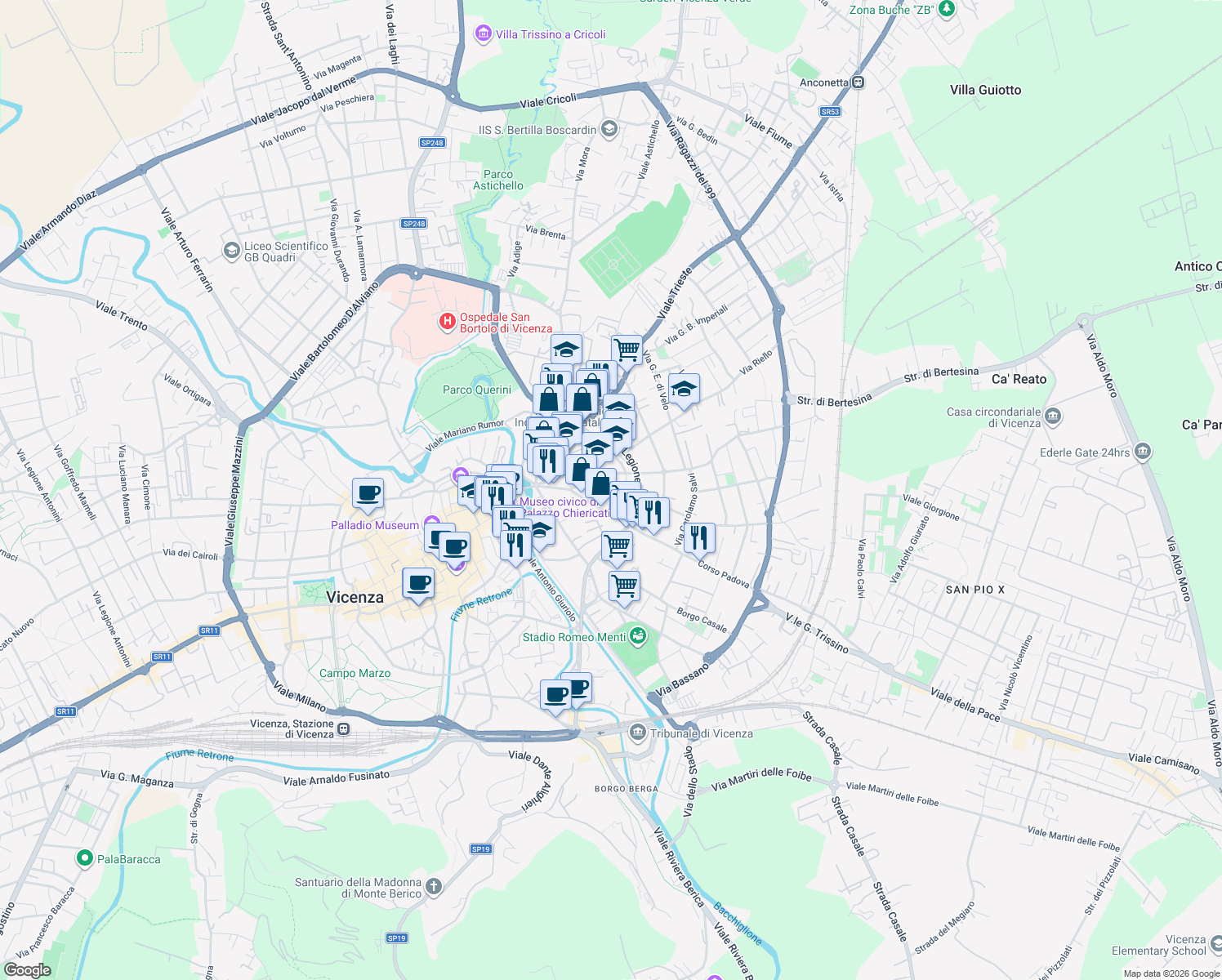 map of restaurants, bars, coffee shops, grocery stores, and more near 5 Stradella delle Cappuccine in Vicenza
