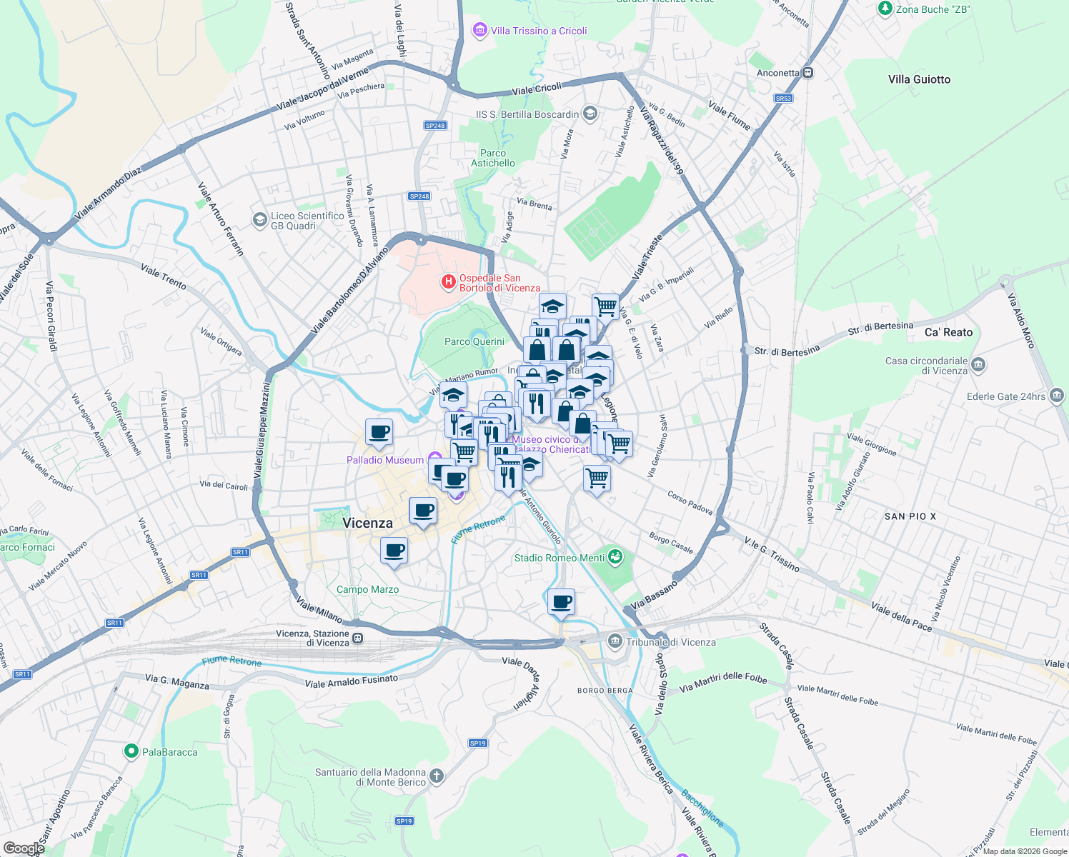 map of restaurants, bars, coffee shops, grocery stores, and more near 4 Contrà XX Settembre in Vicenza