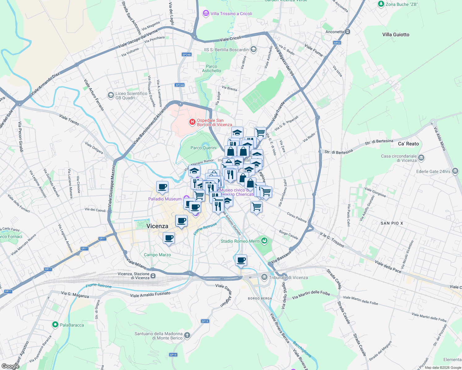map of restaurants, bars, coffee shops, grocery stores, and more near 4 Contrà XX Settembre in Vicenza