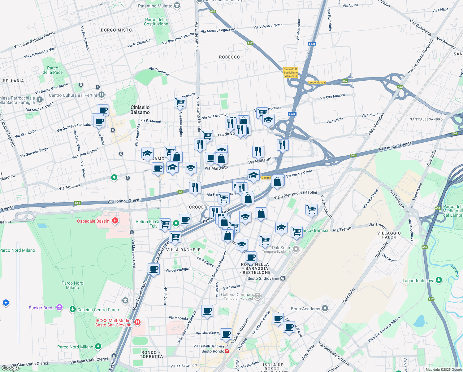 map of restaurants, bars, coffee shops, grocery stores, and more near 19 Via Sardegna in Cinisello Balsamo