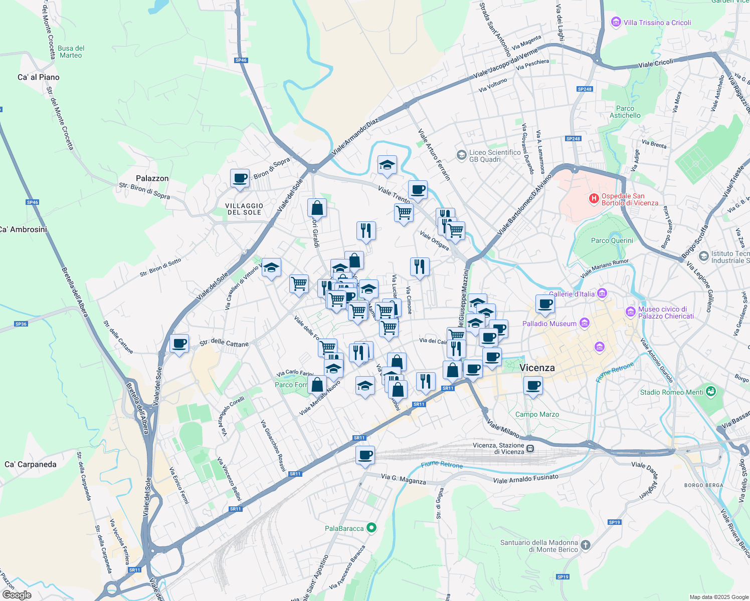 map of restaurants, bars, coffee shops, grocery stores, and more near 23 Via Emilio Morosini in Vicenza
