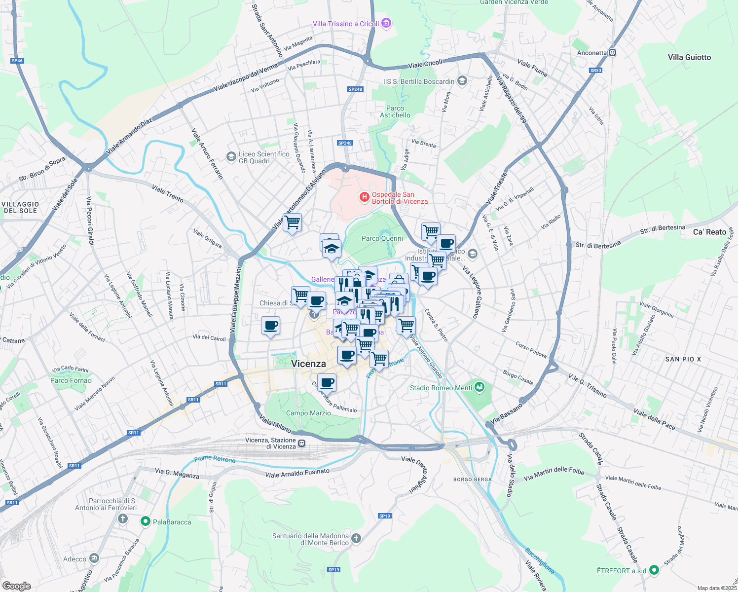 map of restaurants, bars, coffee shops, grocery stores, and more near 25 Contrà Santa Corona in Vicenza