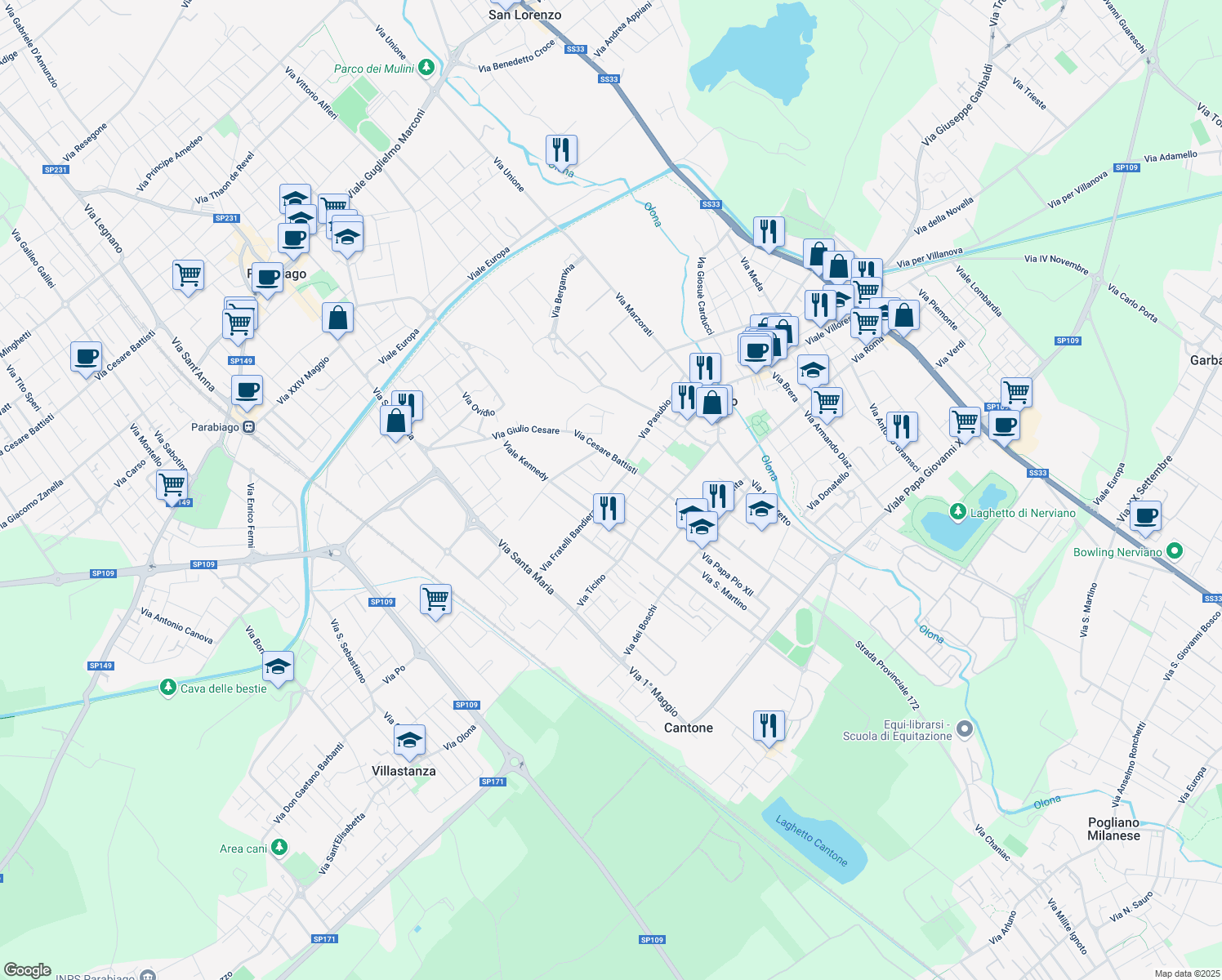 map of restaurants, bars, coffee shops, grocery stores, and more near 8 Via Fratelli Bandiera in Nerviano