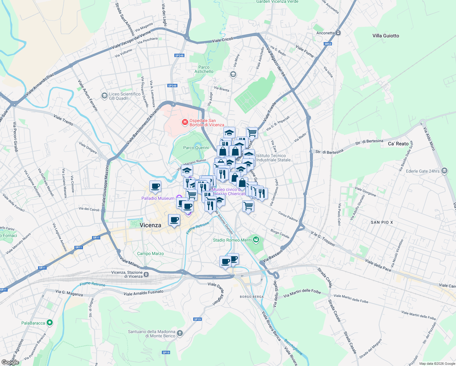 map of restaurants, bars, coffee shops, grocery stores, and more near Via San Domenico in Vicenza