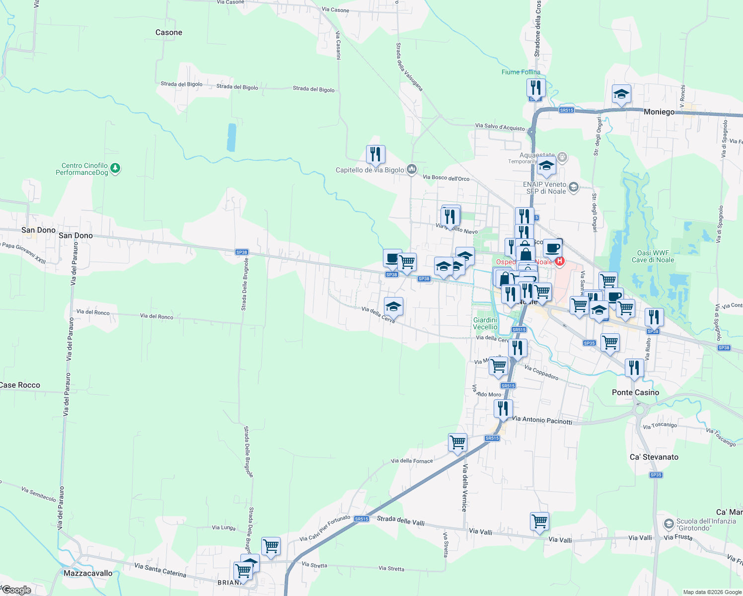 map of restaurants, bars, coffee shops, grocery stores, and more near 11 Vicolo Michelangelo Buonarroti in Noale