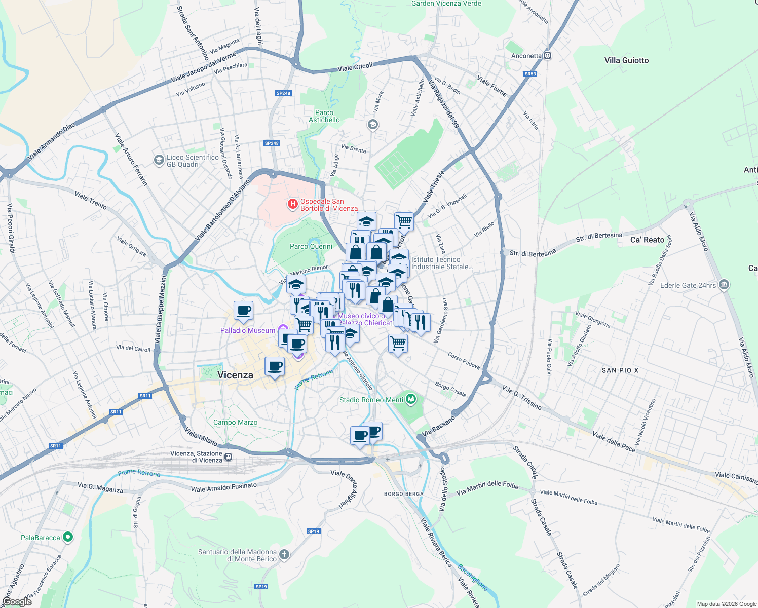 map of restaurants, bars, coffee shops, grocery stores, and more near Via San Domenico in Vicenza