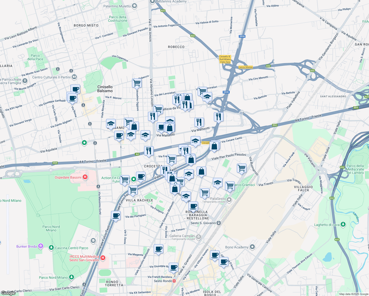 map of restaurants, bars, coffee shops, grocery stores, and more near 19 Via Sardegna in Cinisello Balsamo