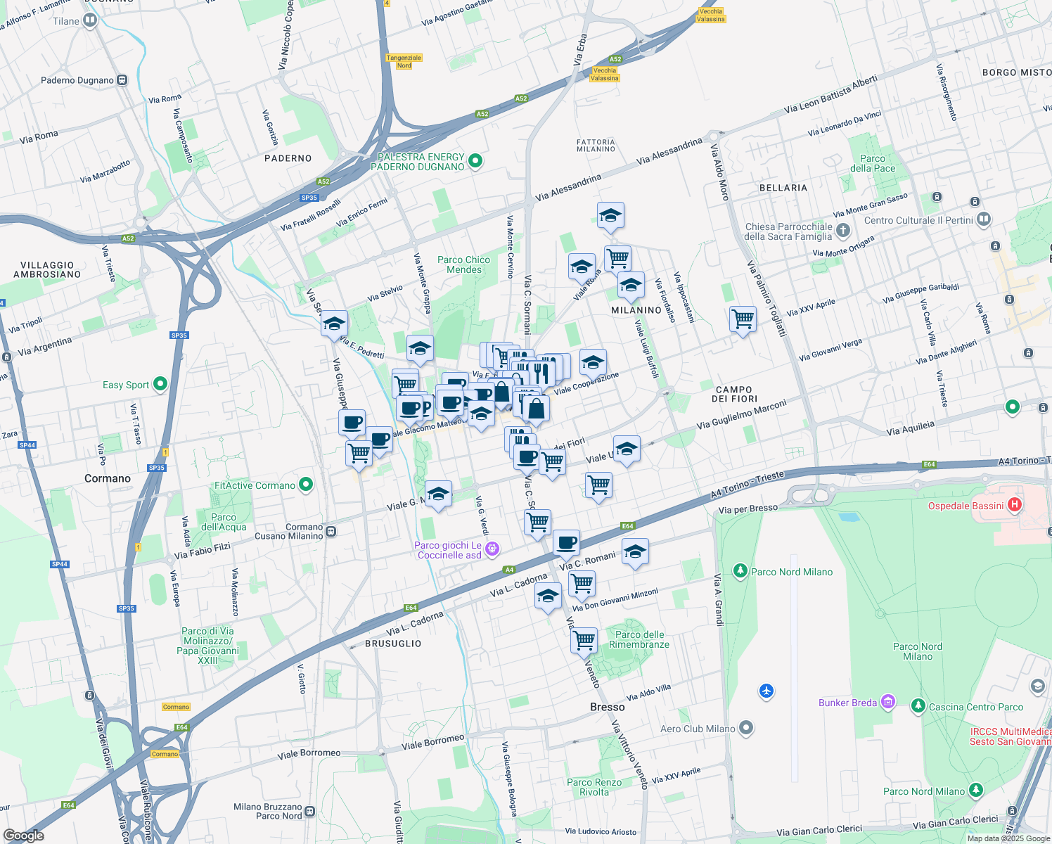 map of restaurants, bars, coffee shops, grocery stores, and more near 43 Via Carlo Sormani in Cusano Milanino
