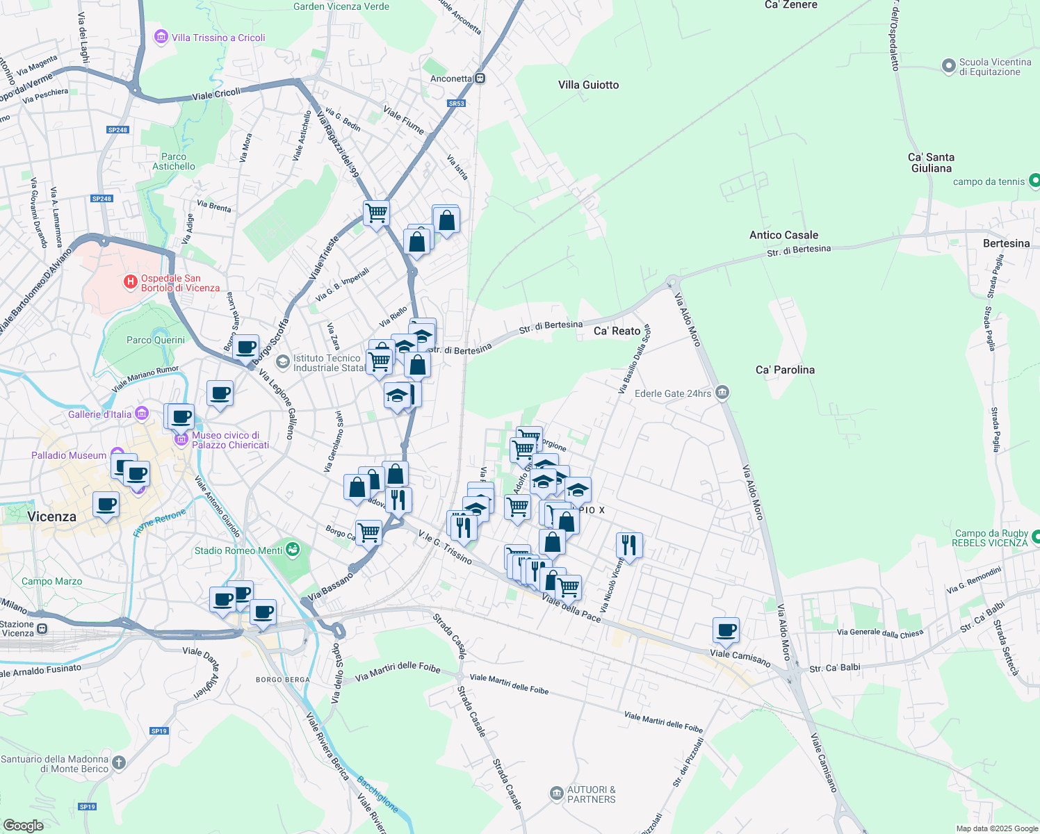 map of restaurants, bars, coffee shops, grocery stores, and more near 19 Viale Giorgione in Vicenza
