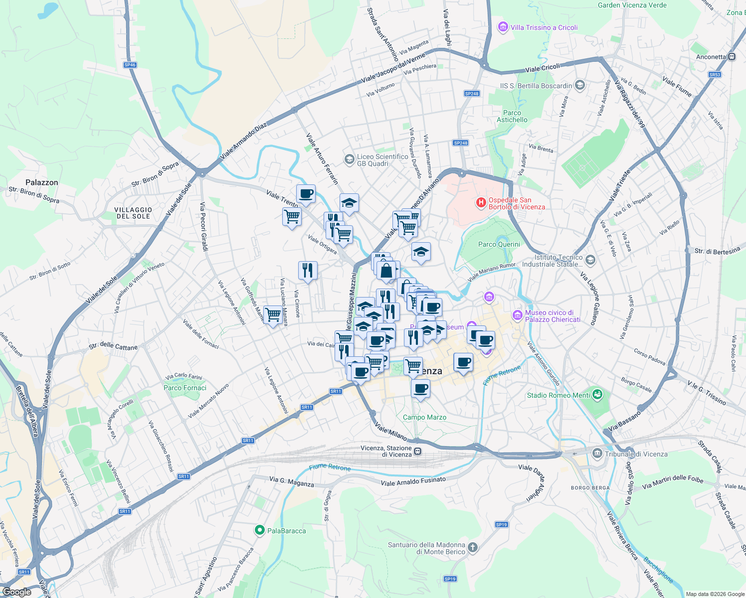 map of restaurants, bars, coffee shops, grocery stores, and more near 76 Contrà Mure Corpus Domini in Vicenza