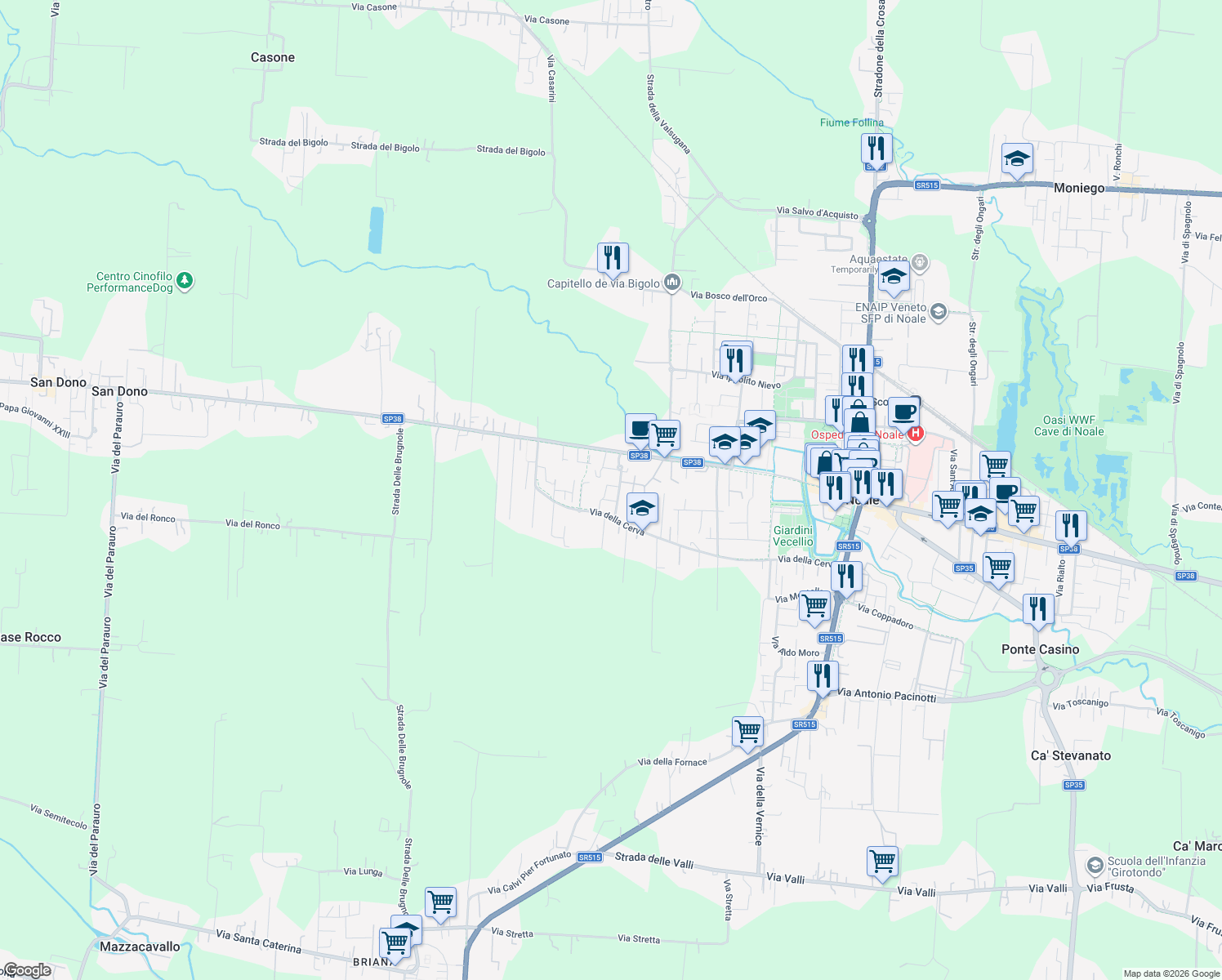 map of restaurants, bars, coffee shops, grocery stores, and more near 11 Vicolo Michelangelo Buonarroti in Noale