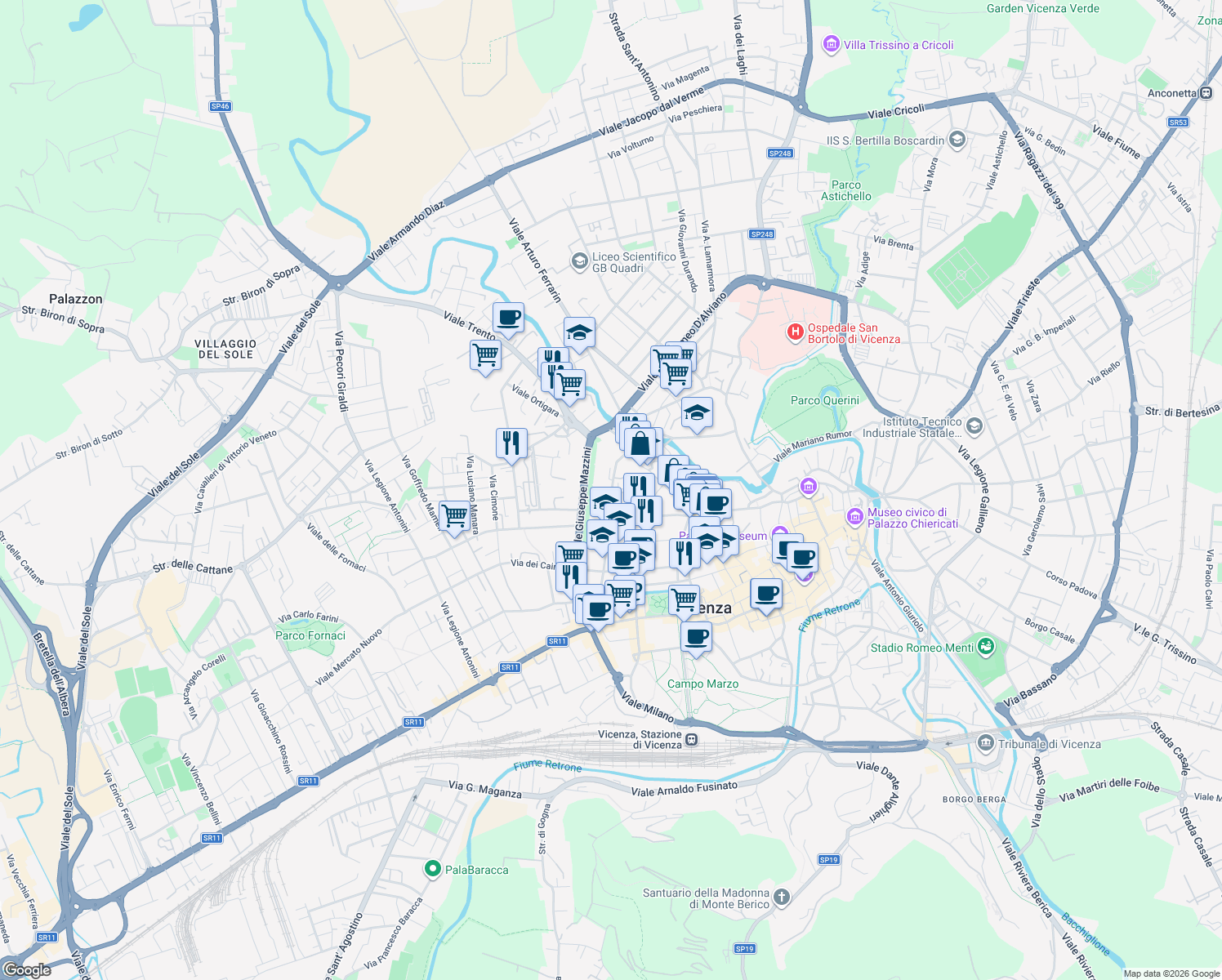 map of restaurants, bars, coffee shops, grocery stores, and more near 76 Contrà Mure Corpus Domini in Vicenza