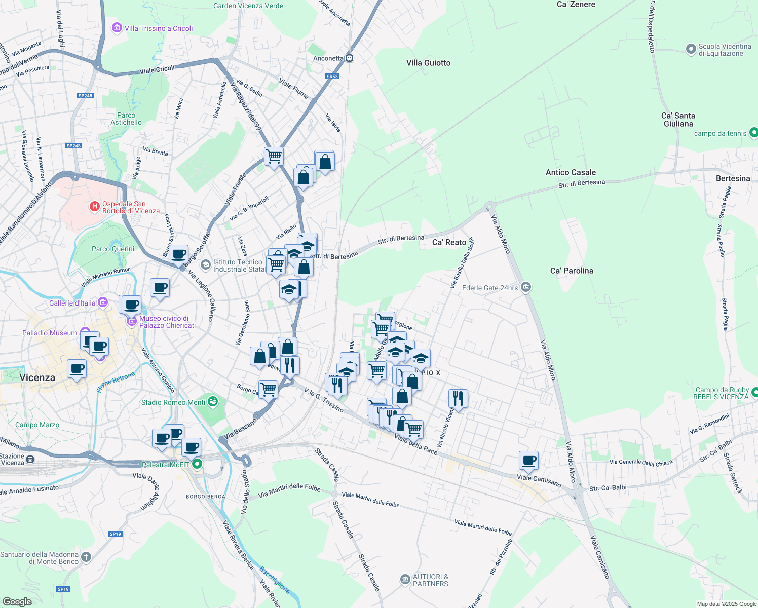 map of restaurants, bars, coffee shops, grocery stores, and more near 27 Viale Giorgione in Vicenza