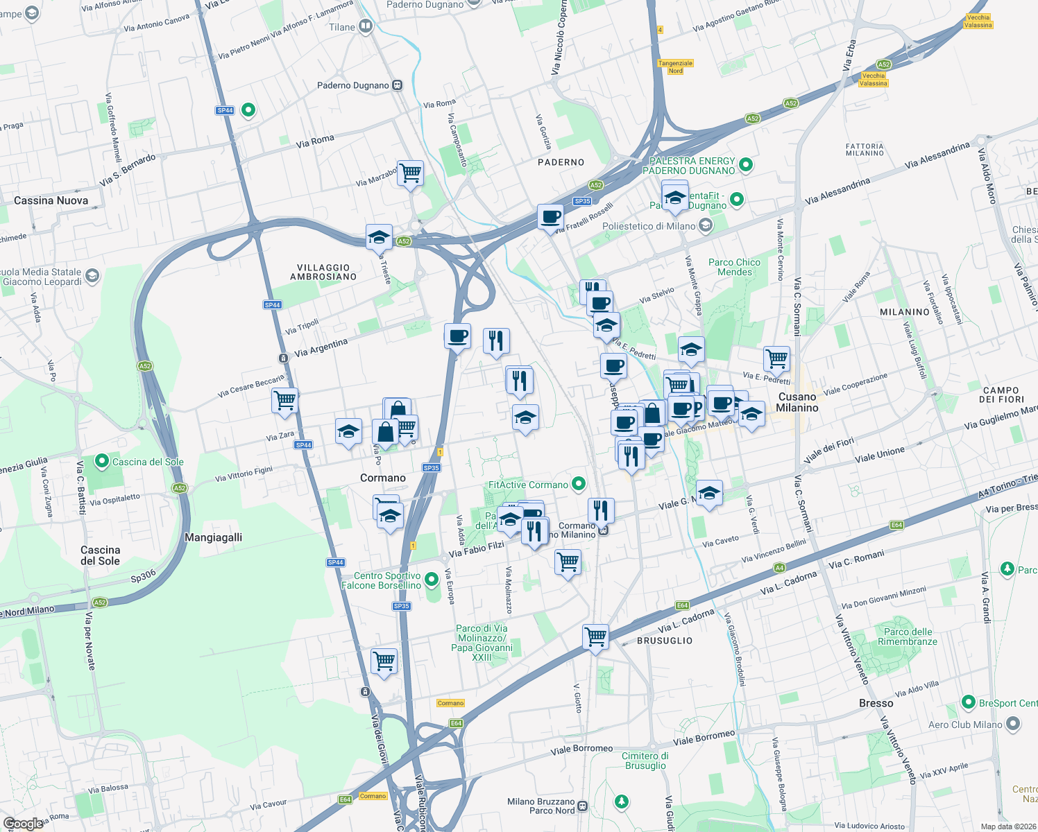 map of restaurants, bars, coffee shops, grocery stores, and more near 9 Piazza Gian Lorenzo Bernini in Cormano