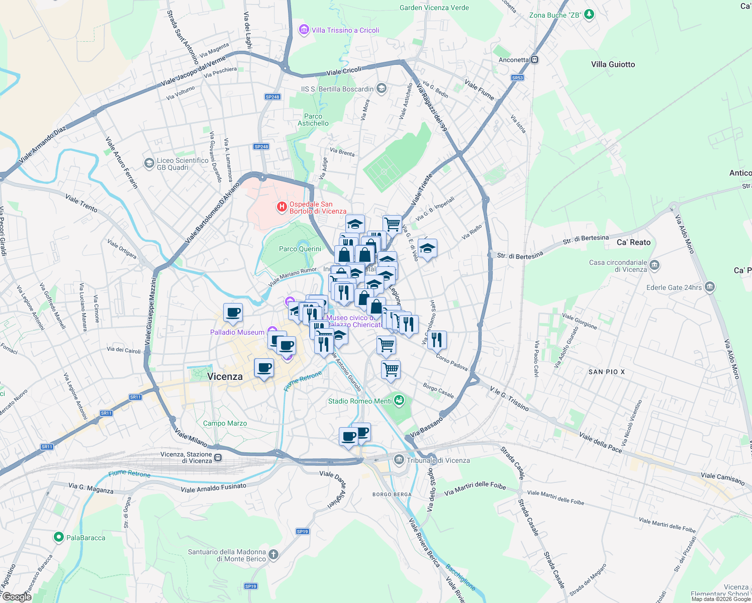 map of restaurants, bars, coffee shops, grocery stores, and more near 5 Stradella delle Cappuccine in Vicenza