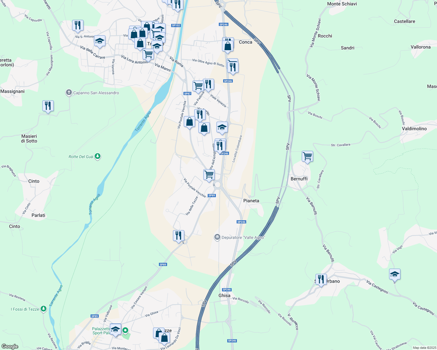 map of restaurants, bars, coffee shops, grocery stores, and more near 12 Via del Commercio in Trissino
