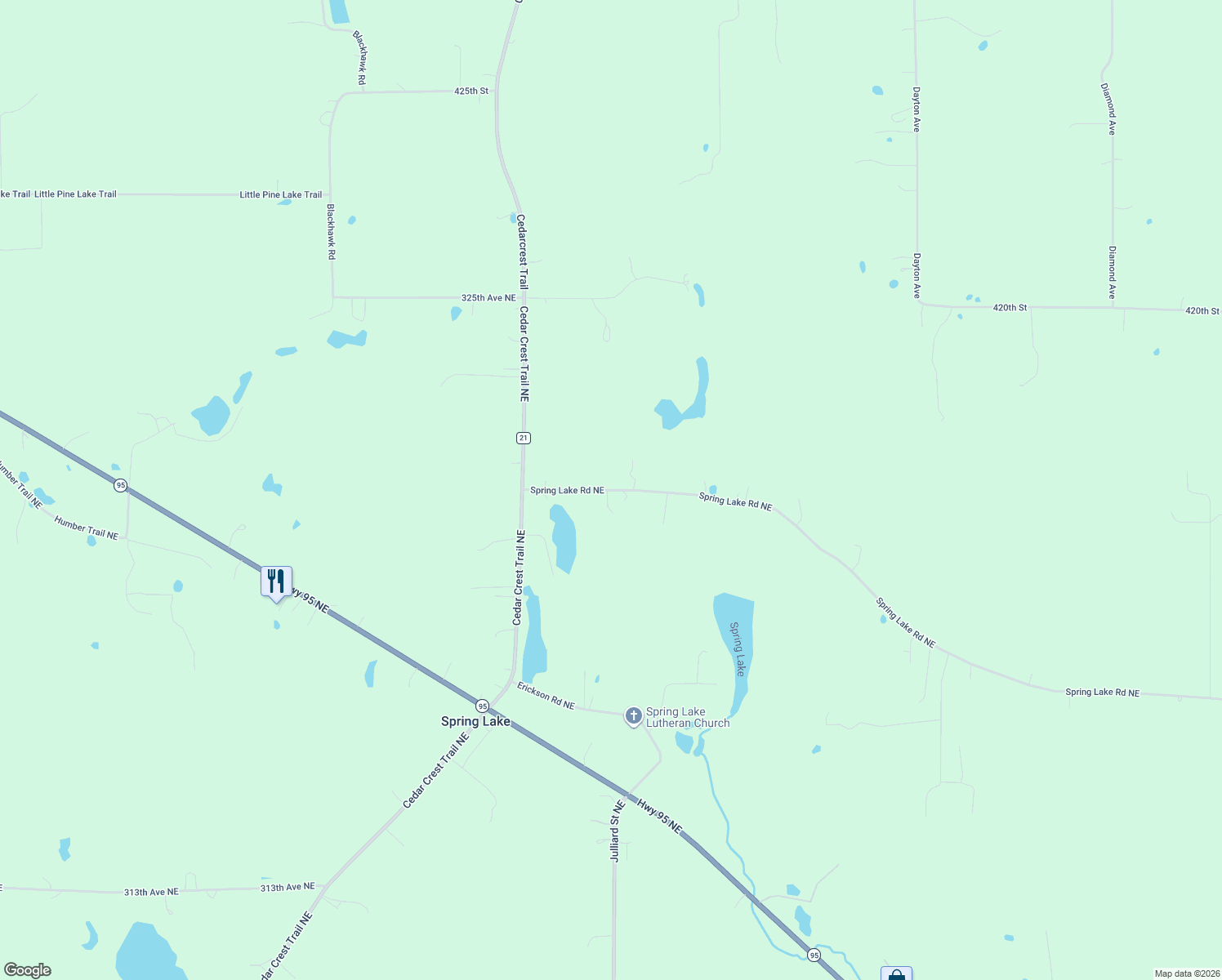map of restaurants, bars, coffee shops, grocery stores, and more near 8545 Spring Lake Road Northeast in North Branch