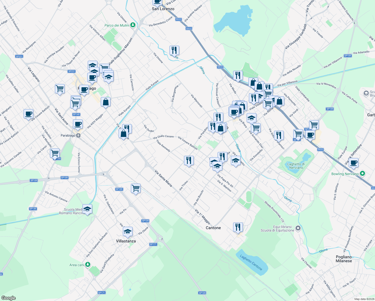 map of restaurants, bars, coffee shops, grocery stores, and more near 8 Via Fratelli Bandiera in Nerviano