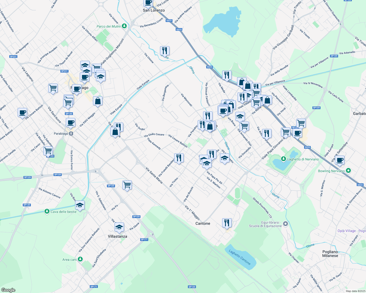map of restaurants, bars, coffee shops, grocery stores, and more near 8 Via Fratelli Bandiera in Nerviano