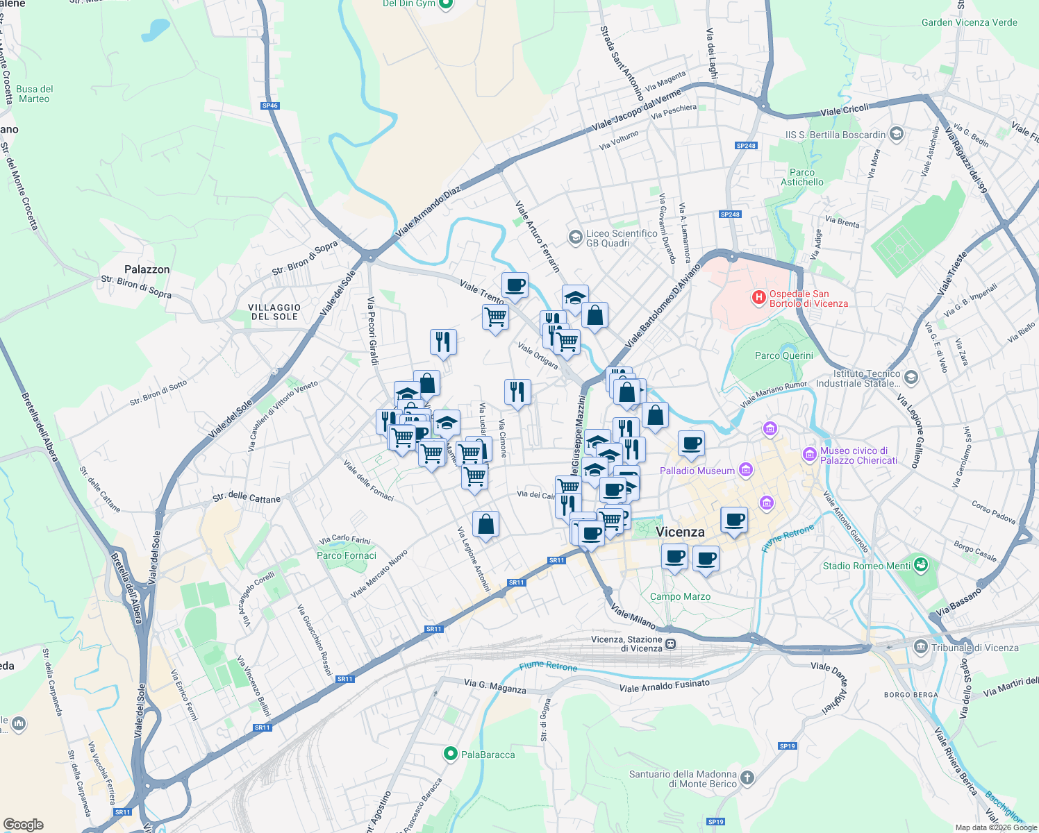 map of restaurants, bars, coffee shops, grocery stores, and more near 47 Via Cengio in Vicenza
