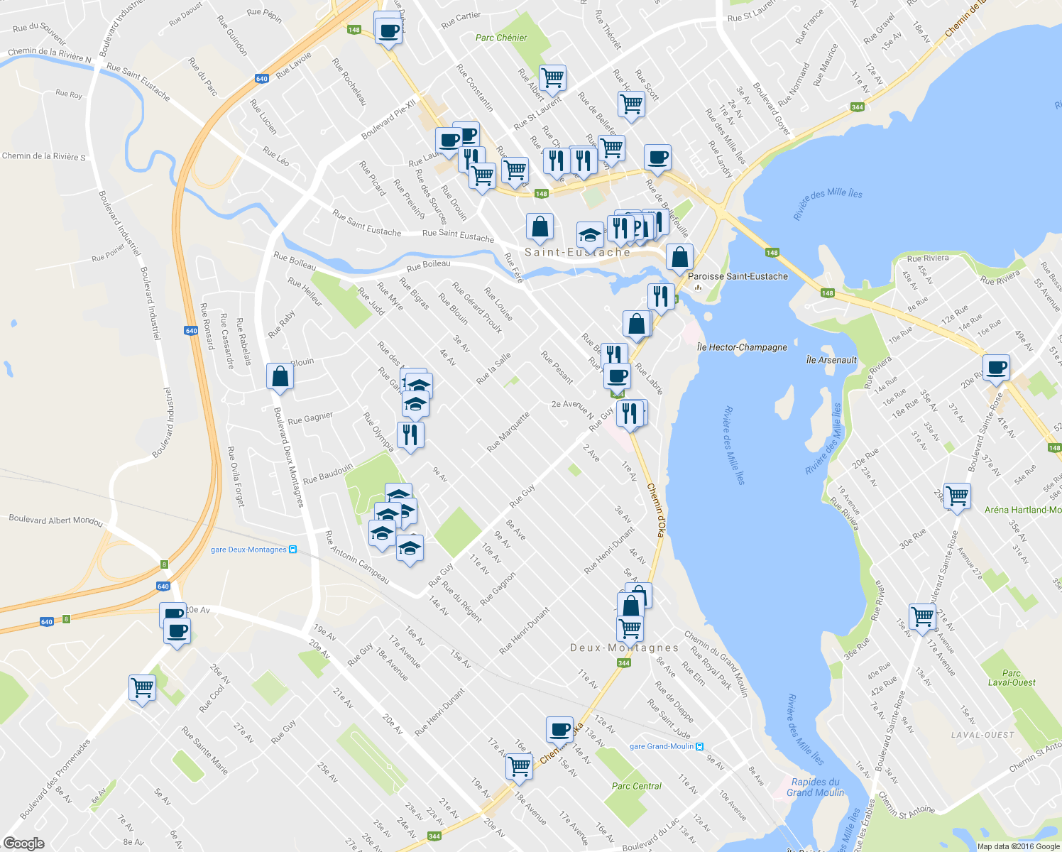map of restaurants, bars, coffee shops, grocery stores, and more near 416 3e Avenue in Deux-Montagnes