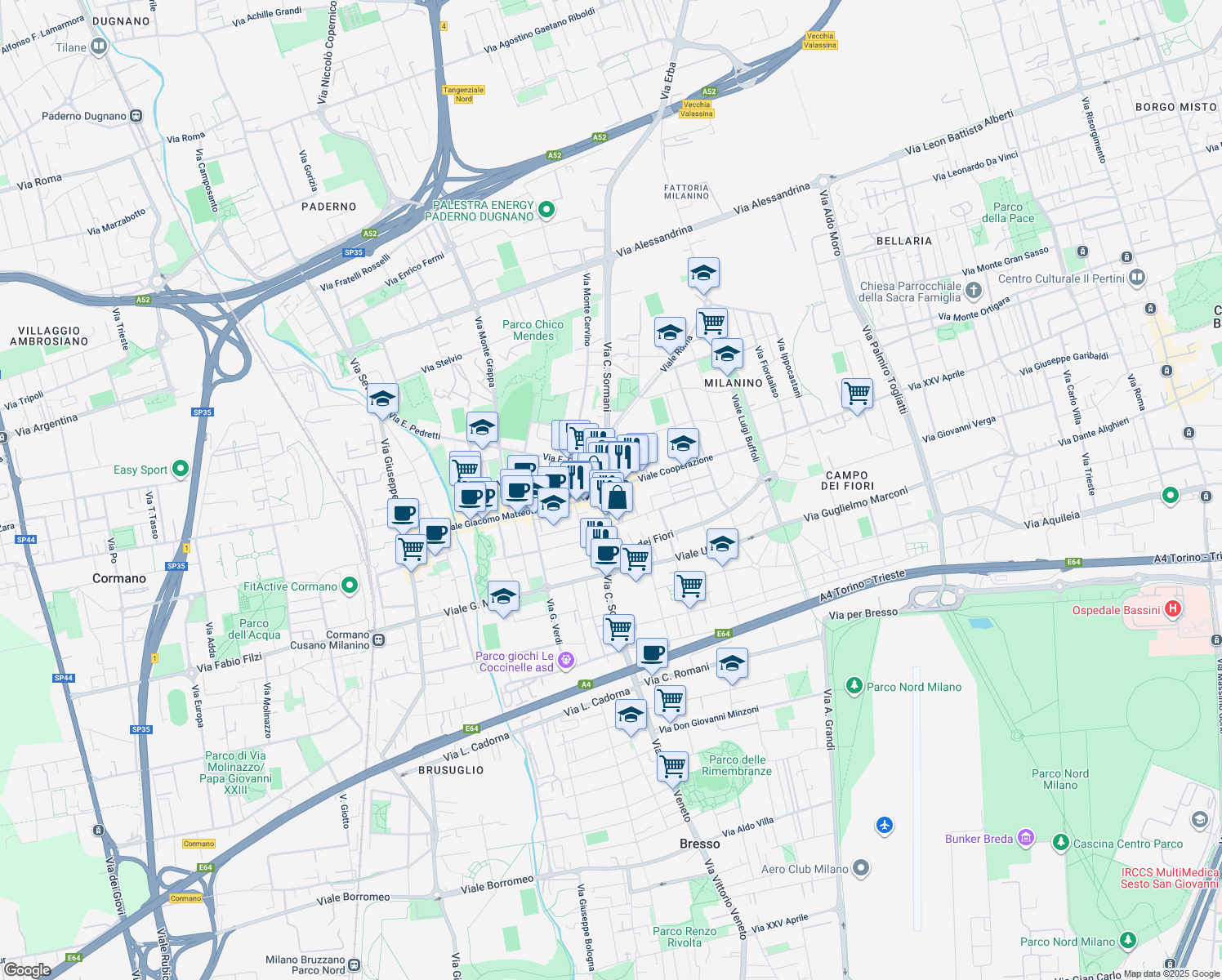 map of restaurants, bars, coffee shops, grocery stores, and more near 43 Via C. Sormani in Cusano Milanino