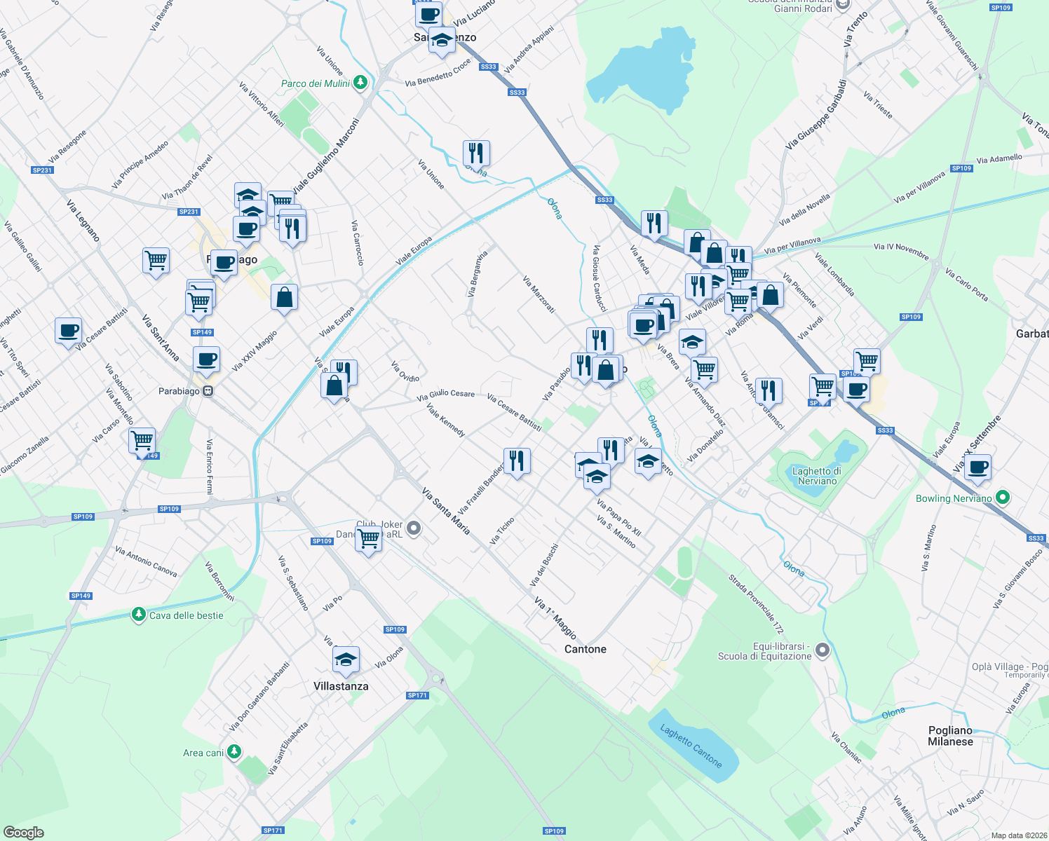 map of restaurants, bars, coffee shops, grocery stores, and more near 20 Via Pasubio in Nerviano