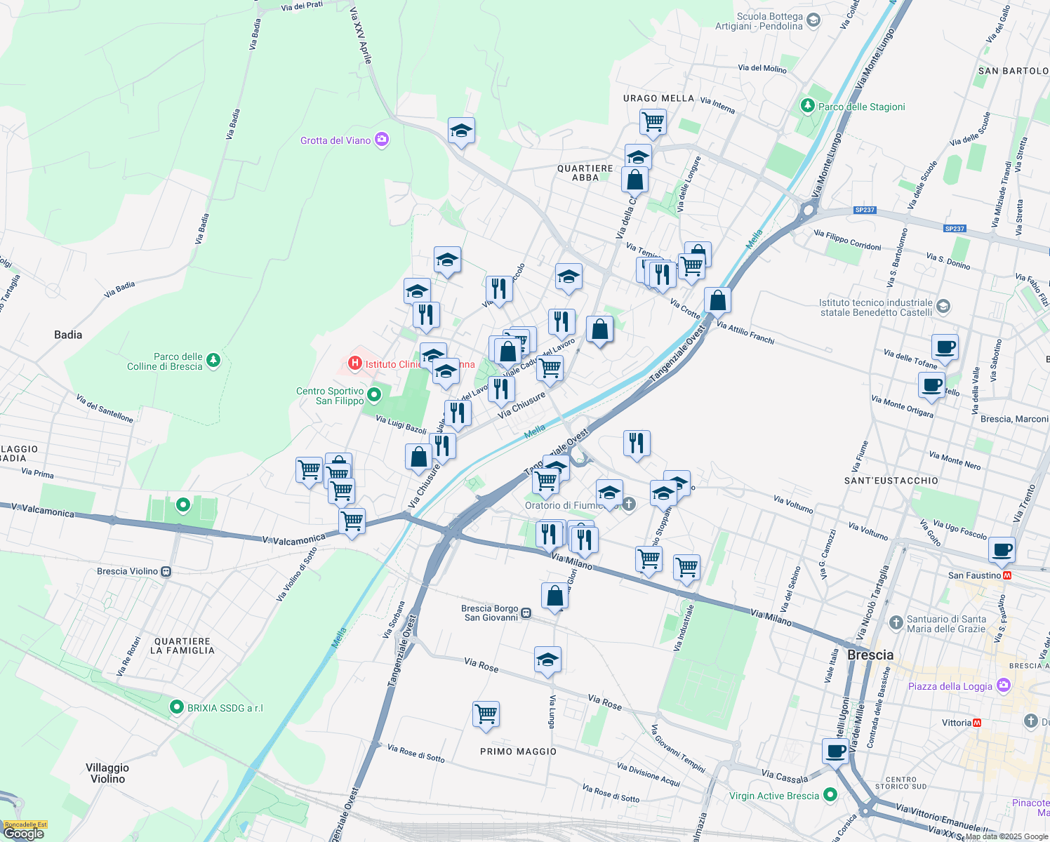 map of restaurants, bars, coffee shops, grocery stores, and more near Piazza Luigi Buffoli in Brescia