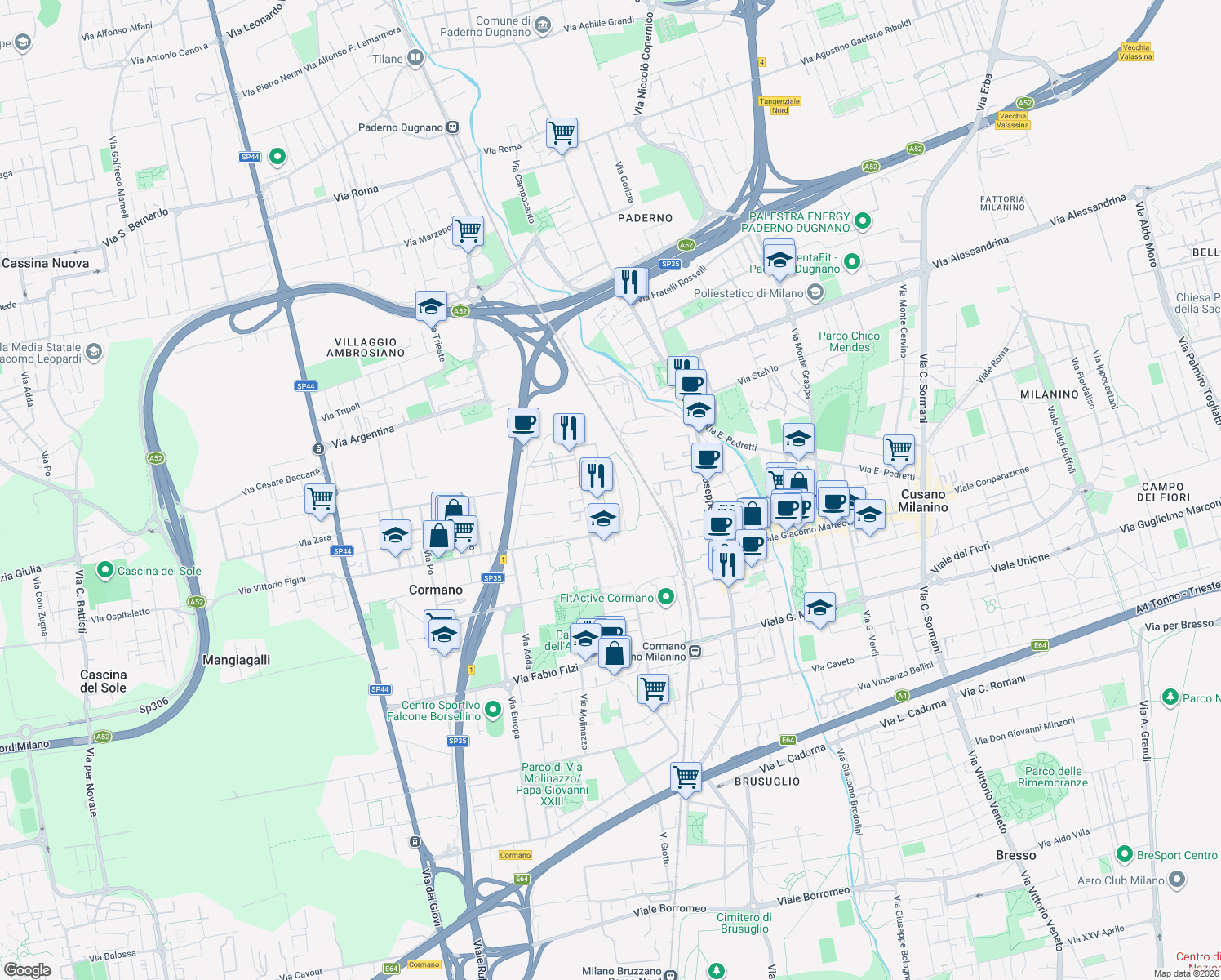 map of restaurants, bars, coffee shops, grocery stores, and more near 9 Piazza Gian Lorenzo Bernini in Cormano
