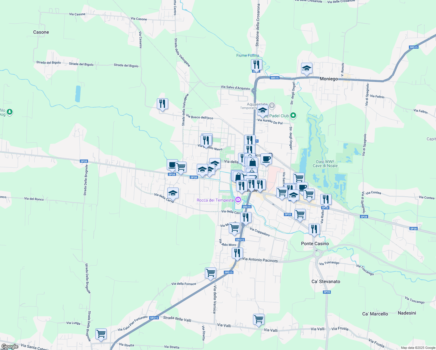 map of restaurants, bars, coffee shops, grocery stores, and more near 24 Via della Fonda in Noale