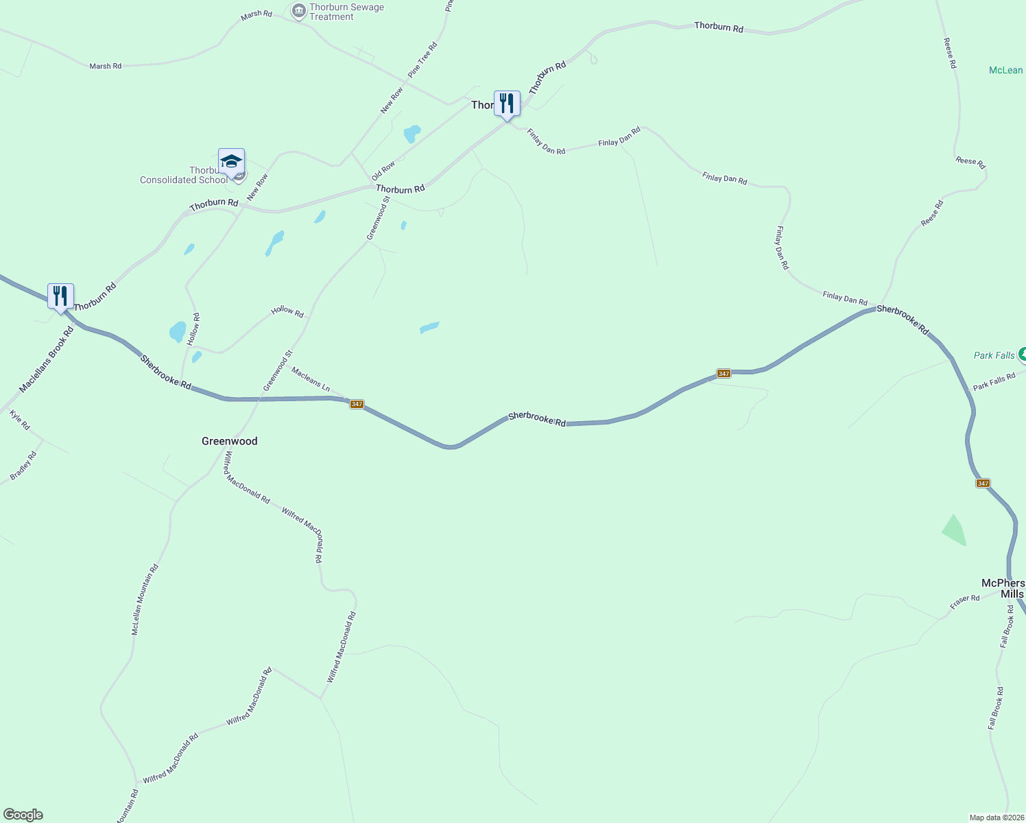 map of restaurants, bars, coffee shops, grocery stores, and more near 9050 Sherbrooke Road in Thorburn