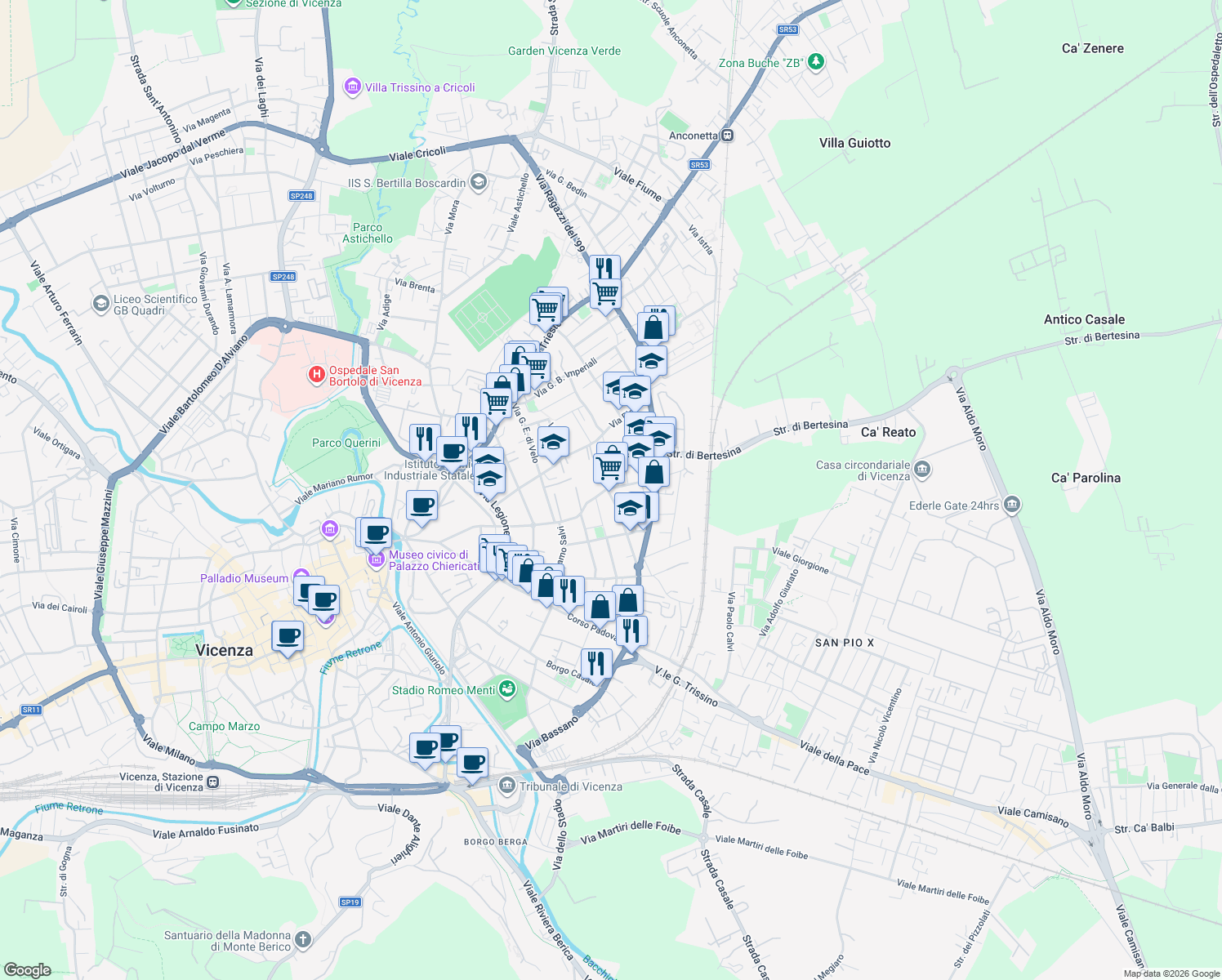map of restaurants, bars, coffee shops, grocery stores, and more near 20 Viale Ambrogio Fusinieri in Vicenza