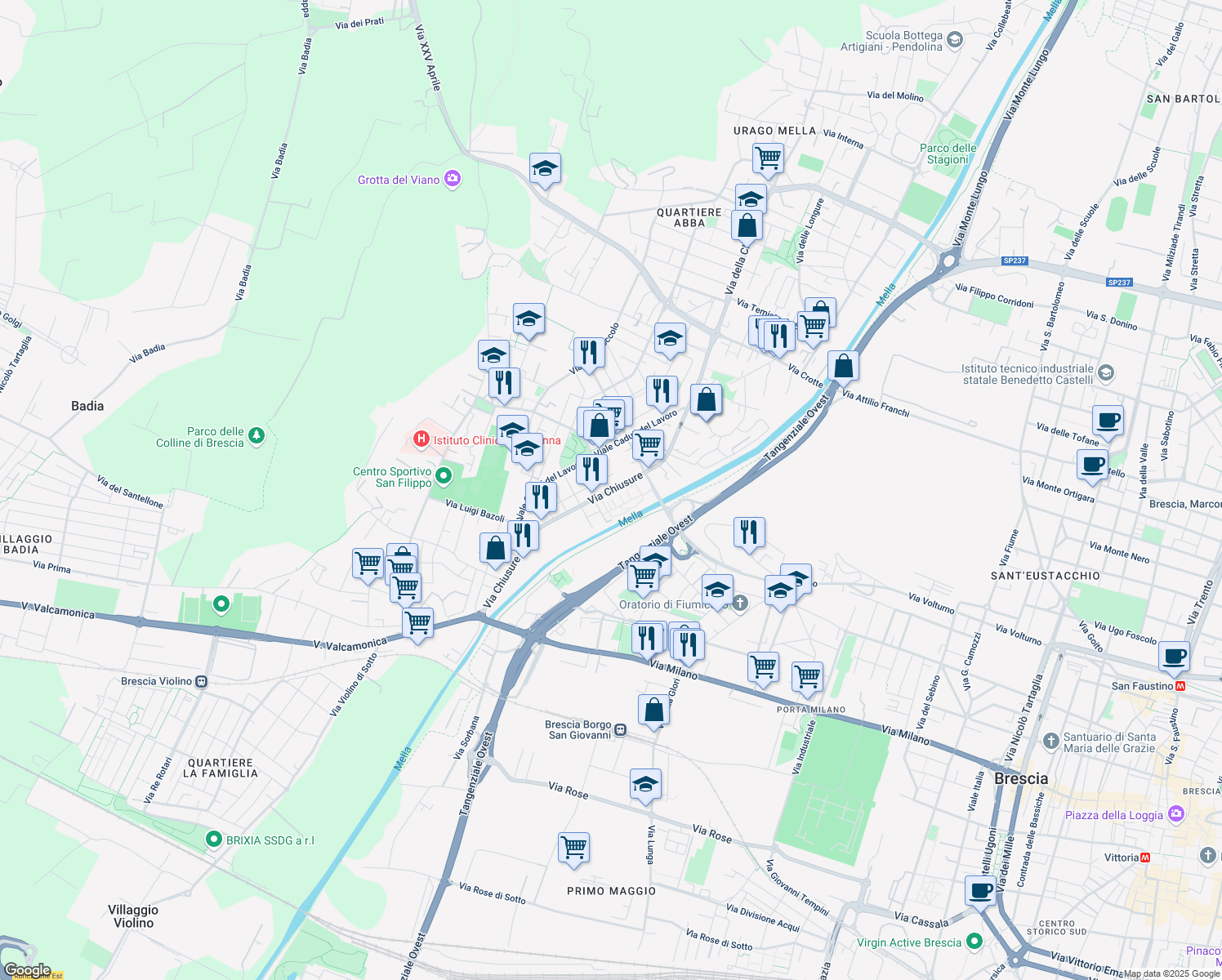 map of restaurants, bars, coffee shops, grocery stores, and more near Piazza Luigi Buffoli in Brescia