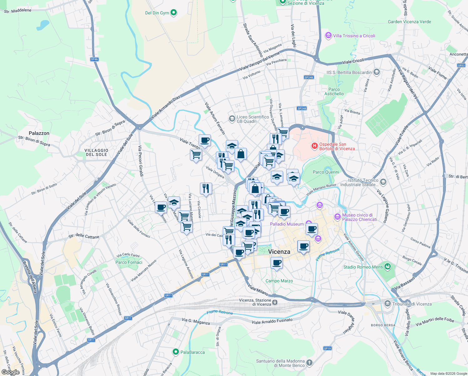 map of restaurants, bars, coffee shops, grocery stores, and more near 227 Viale Giuseppe Mazzini in Vicenza