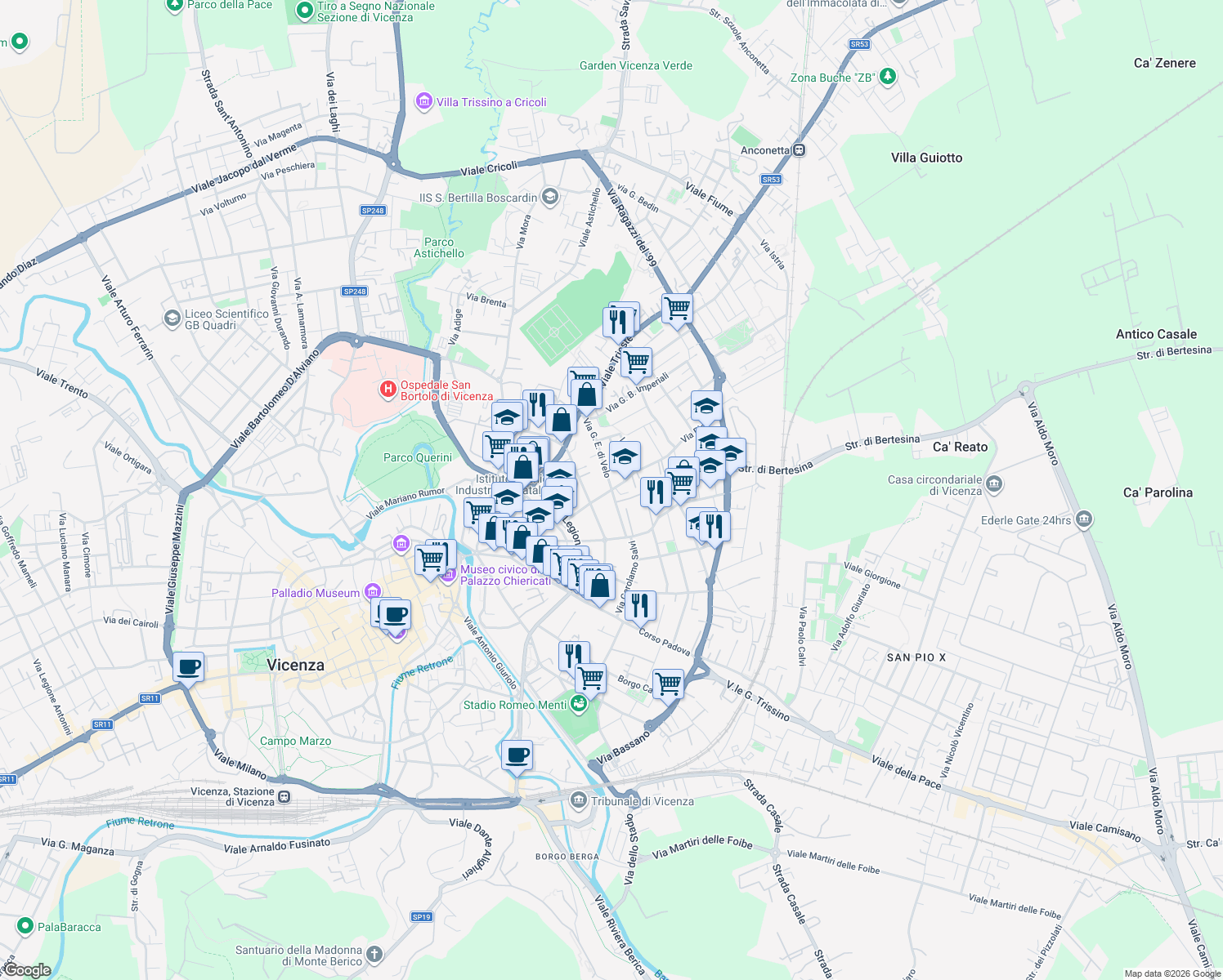 map of restaurants, bars, coffee shops, grocery stores, and more near 16 Via Marcello Fogolino in Vicenza