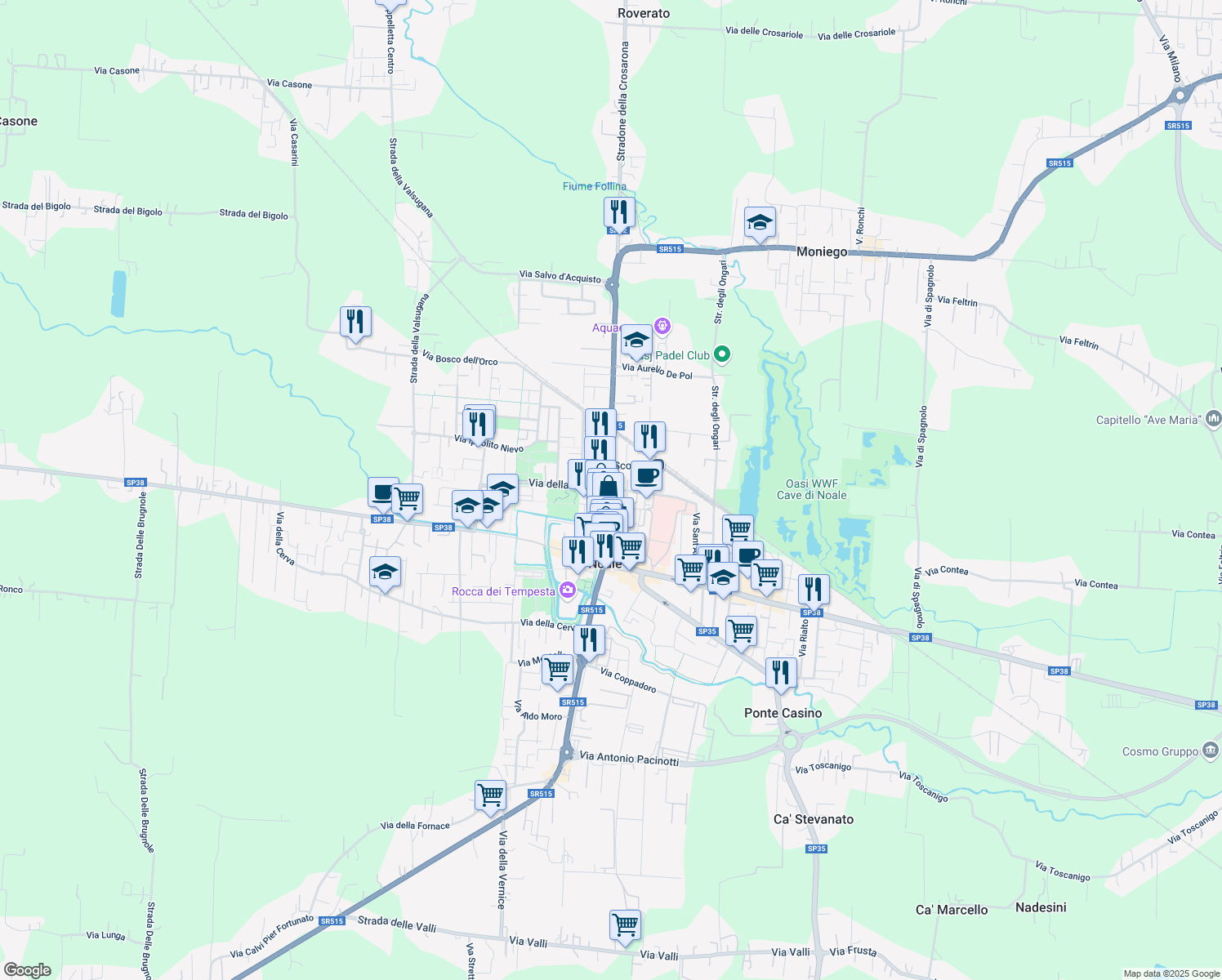 map of restaurants, bars, coffee shops, grocery stores, and more near 6 Via della Fonda in Noale
