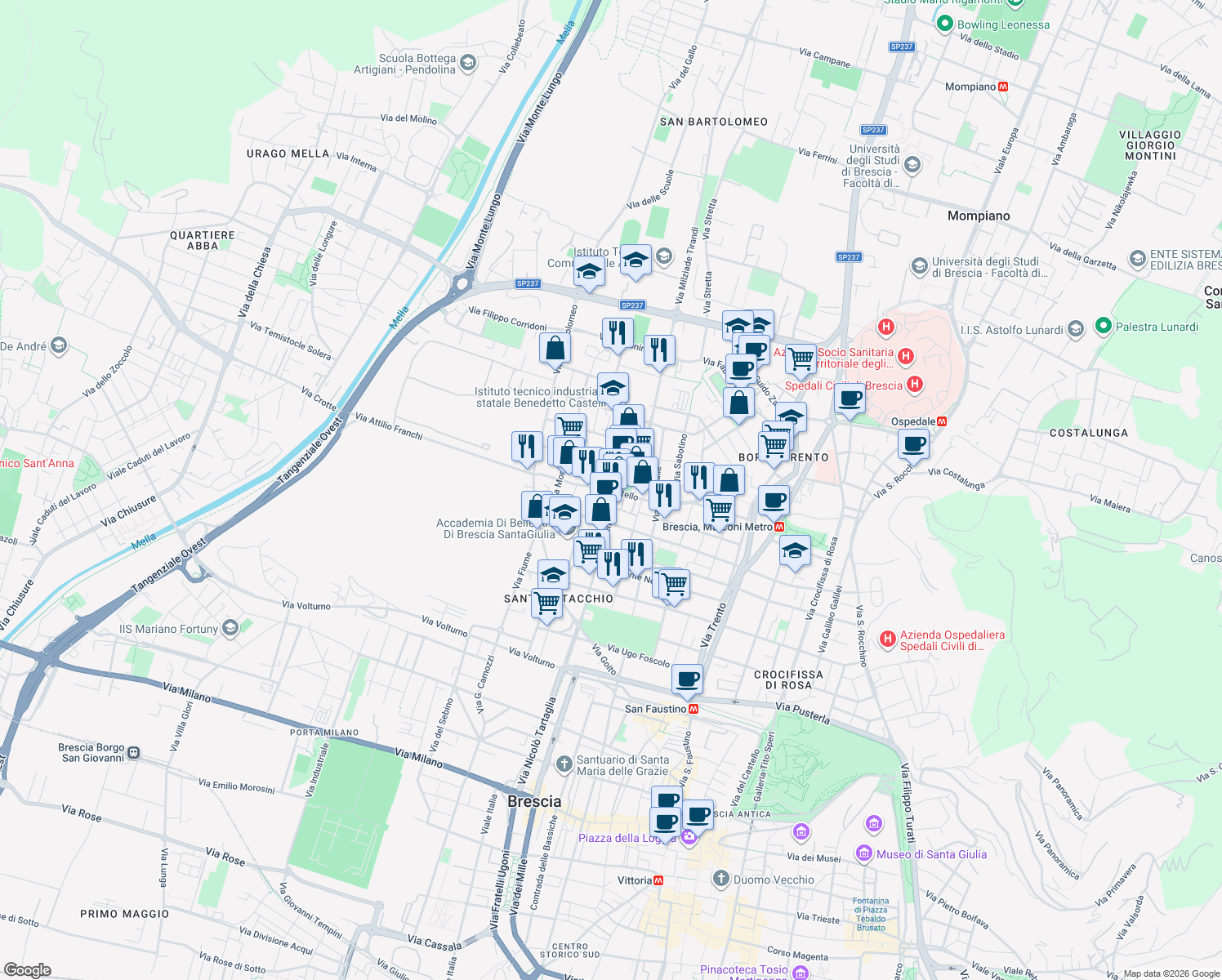 map of restaurants, bars, coffee shops, grocery stores, and more near 2-20 Via Salvo D'Acquisto in Brescia