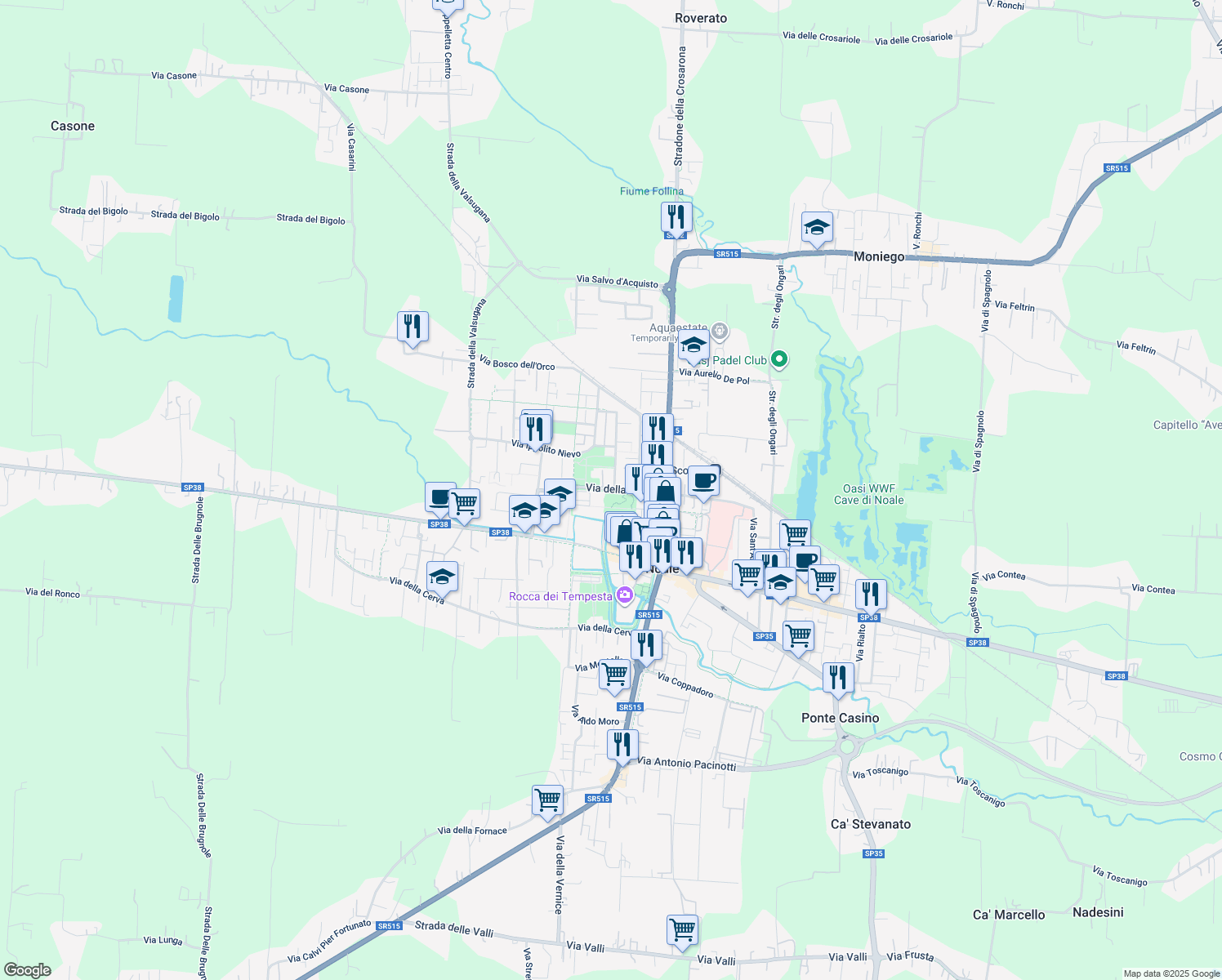map of restaurants, bars, coffee shops, grocery stores, and more near 24 Via della Fonda in Noale