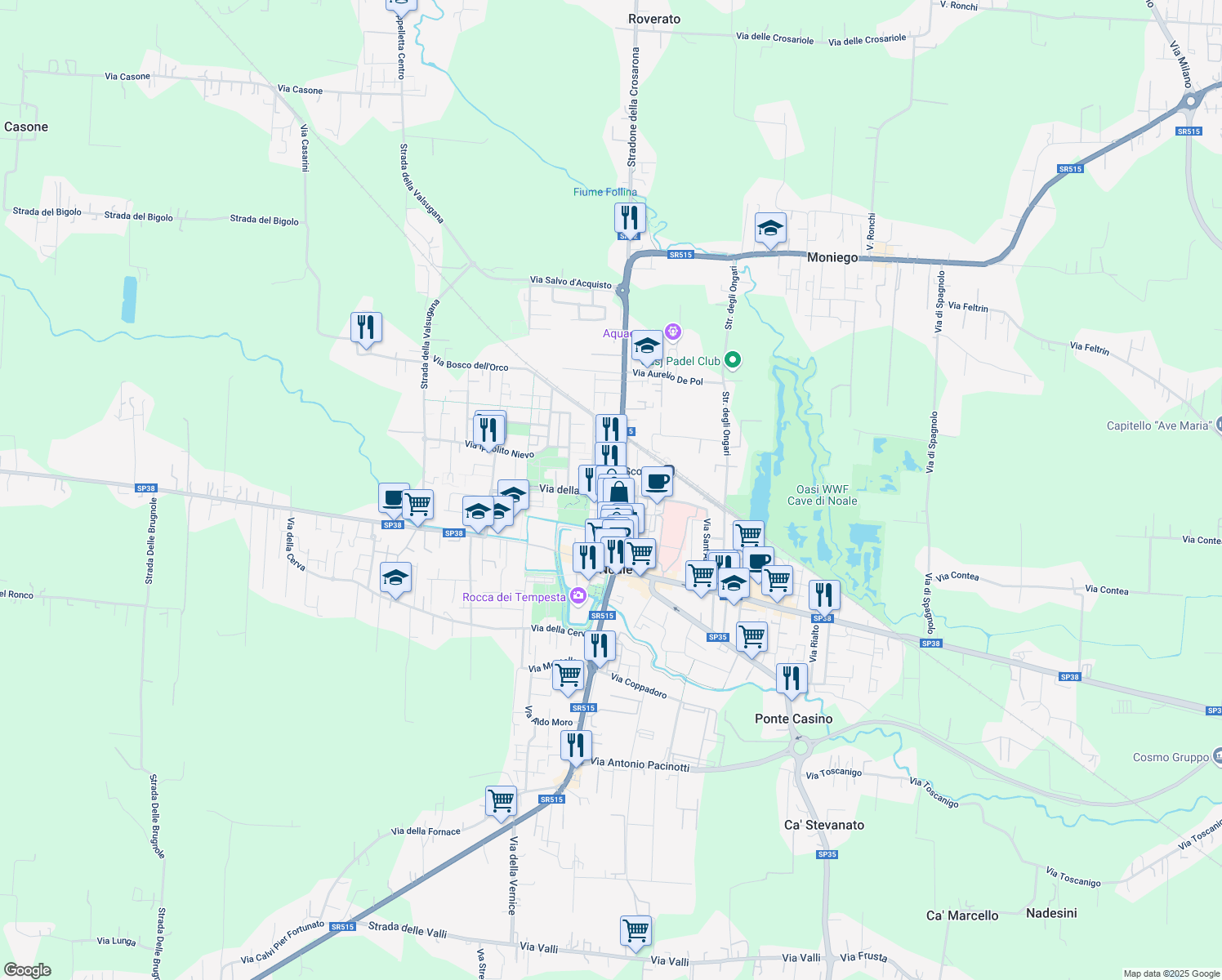 map of restaurants, bars, coffee shops, grocery stores, and more near 6 Via della Fonda in Noale