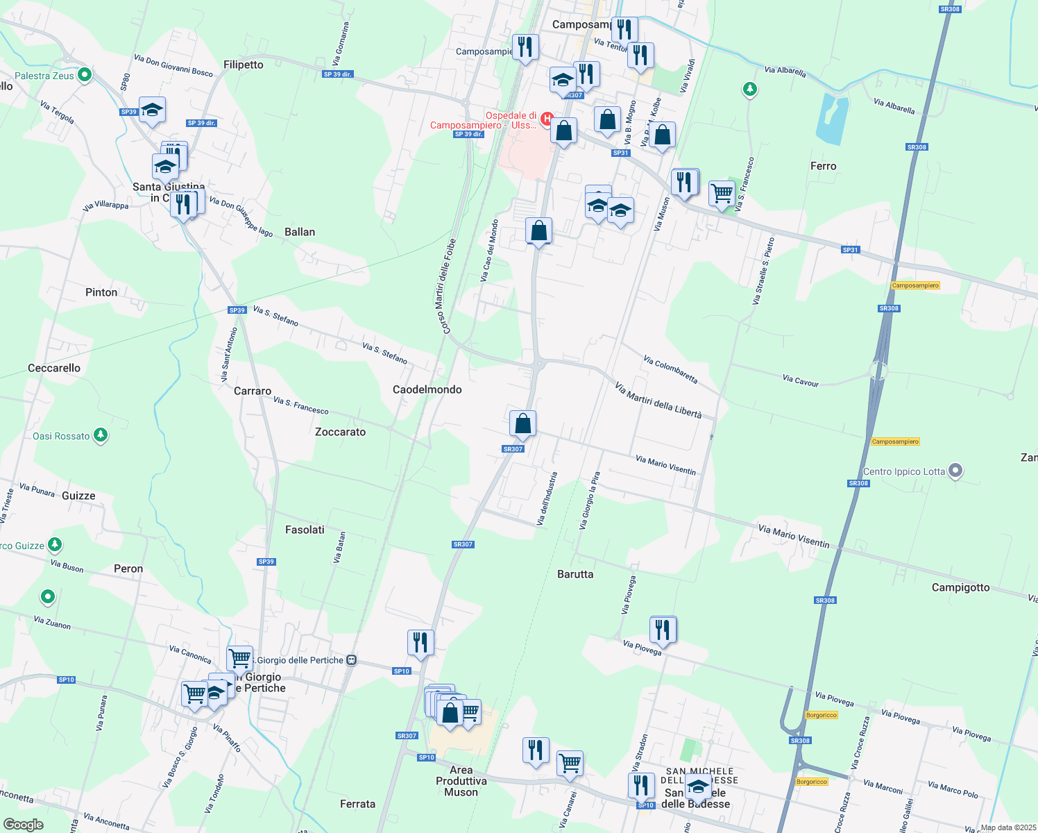 map of restaurants, bars, coffee shops, grocery stores, and more near 106/2 Via Borgo Padova in Camposampiero